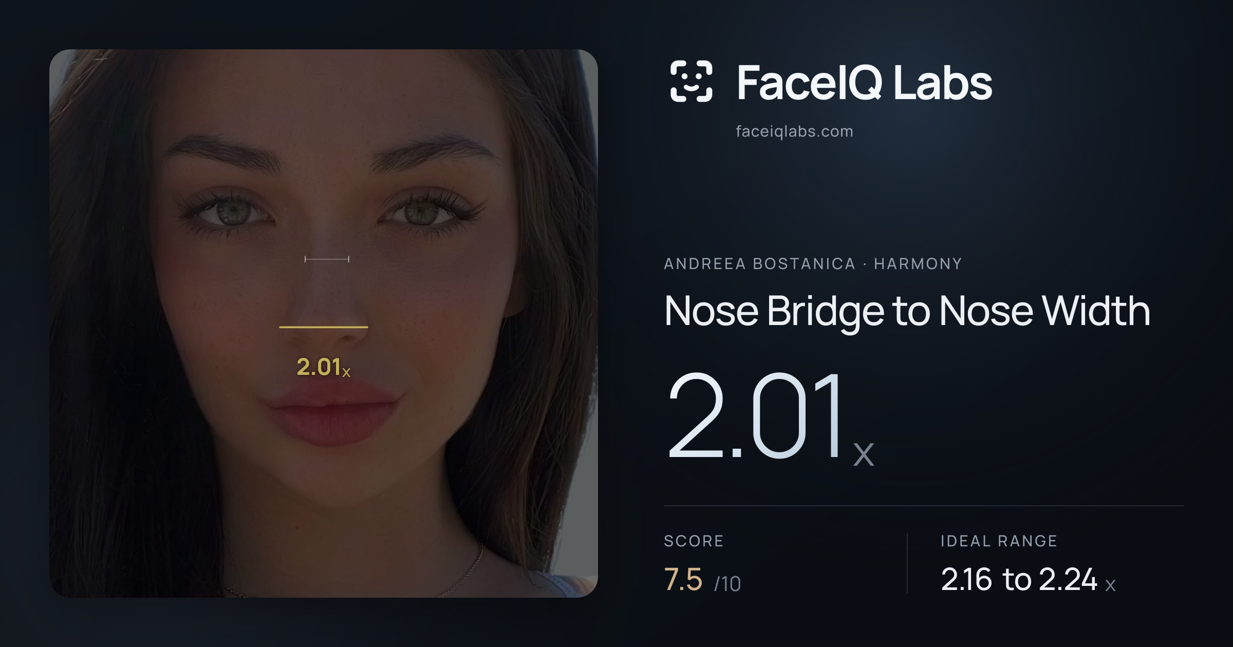 Andreea Bostanica Nose Bridge to Nose Width: 2.01x, drawn on the photo