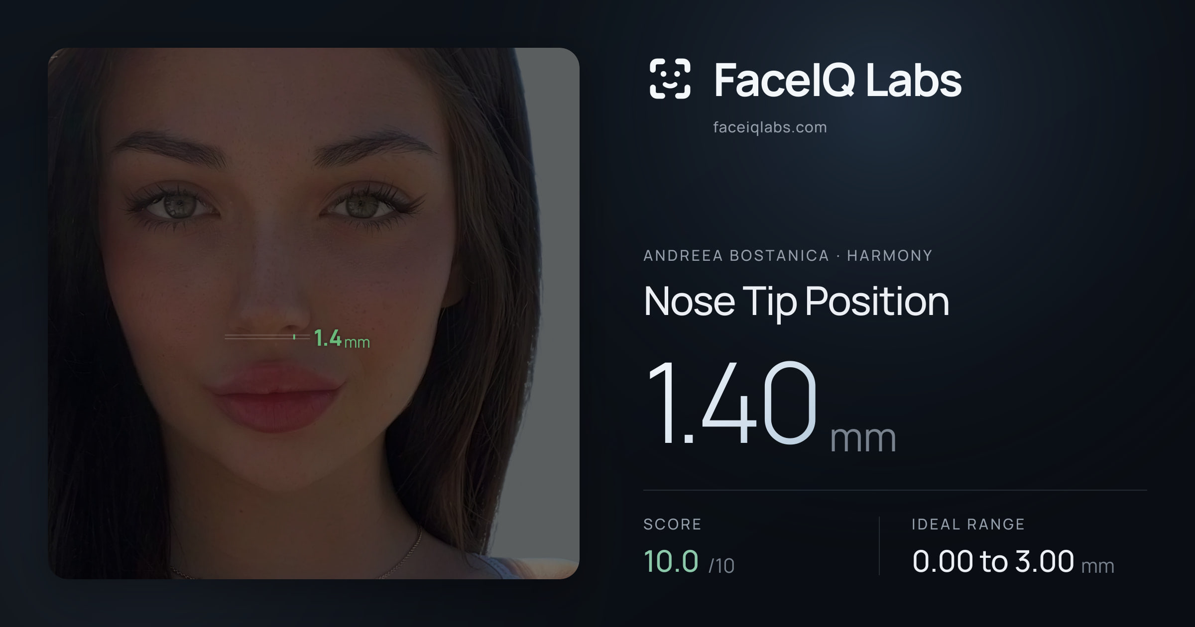 Andreea Bostanica Nose Tip Position: 1.40mm, drawn on the photo