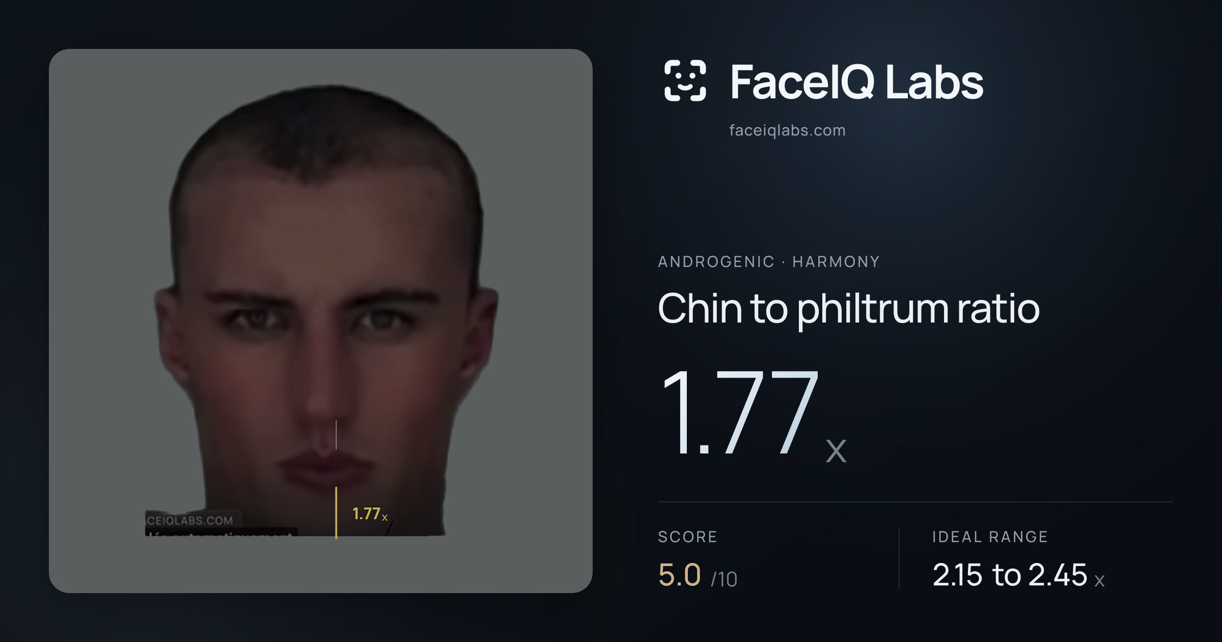 Androgenic Chin to philtrum ratio: 1.77x, drawn on the photo