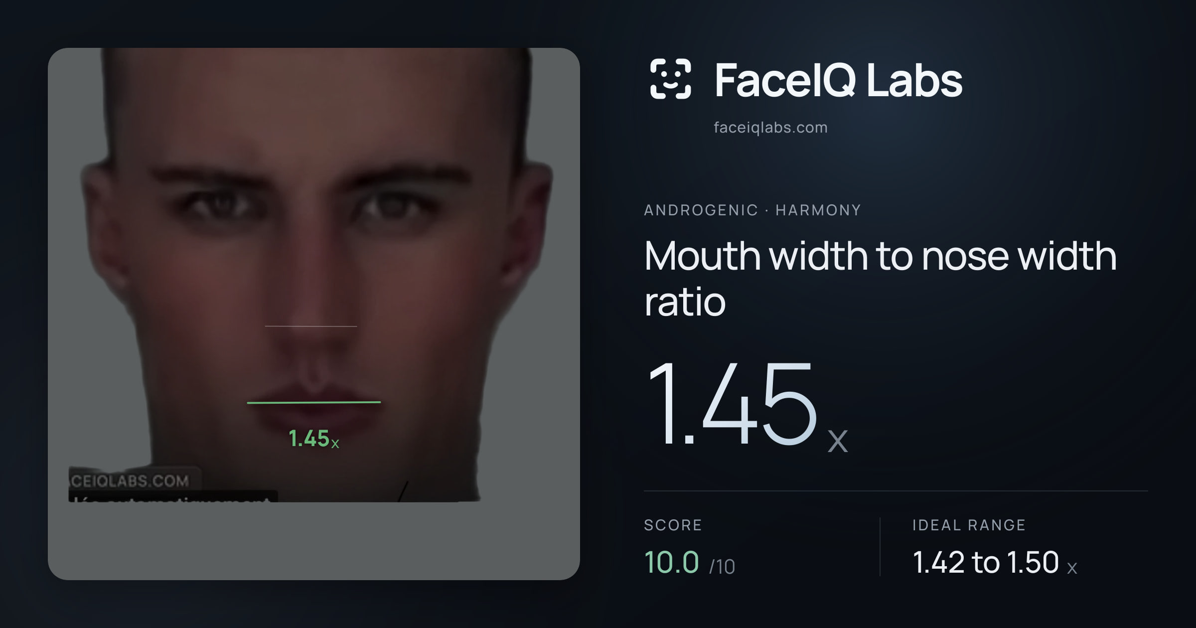 Androgenic Mouth width to nose width ratio: 1.45x, drawn on the photo