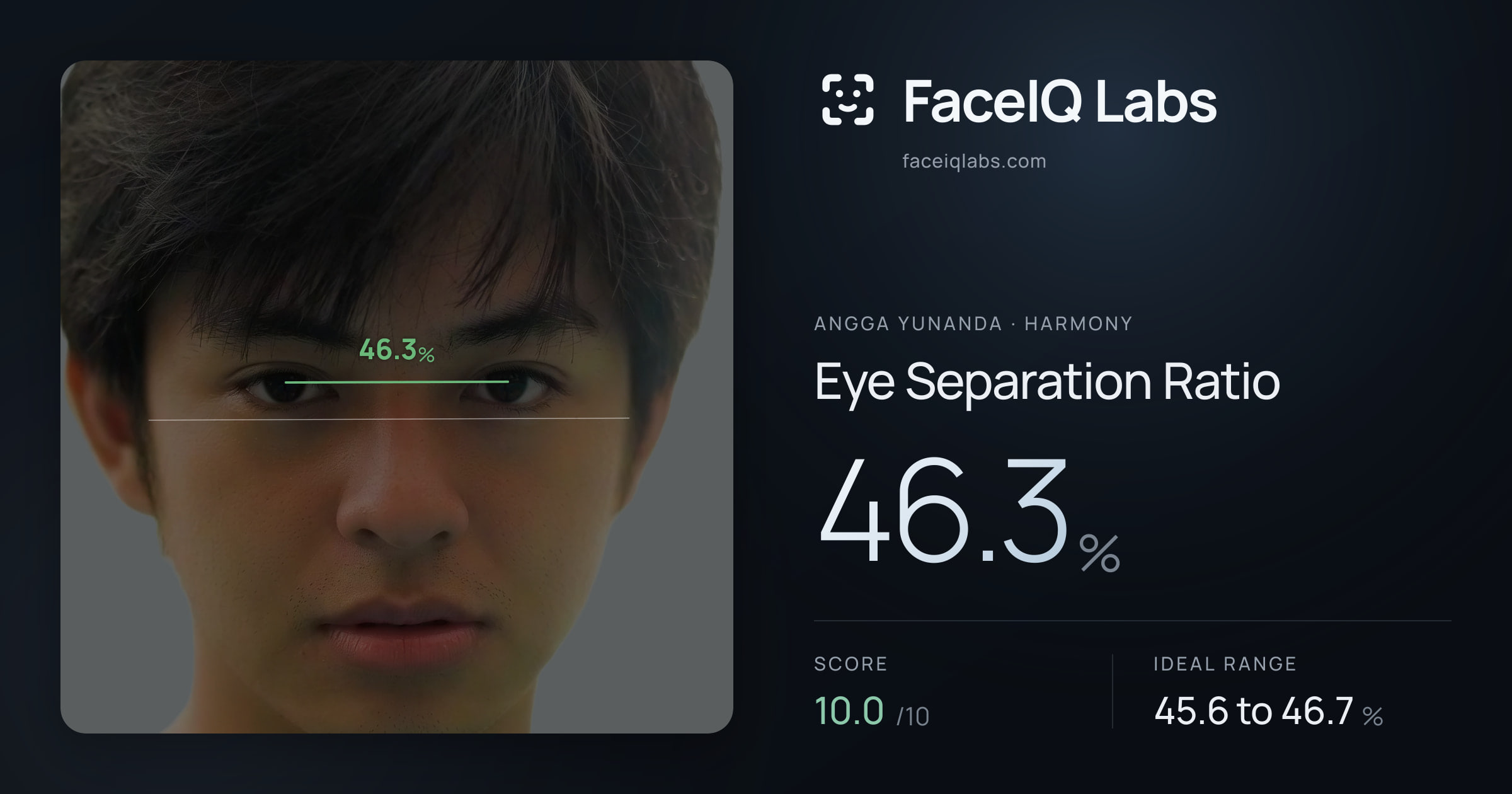 Angga Yunanda Eye Separation Ratio: 46.3%, drawn on the photo