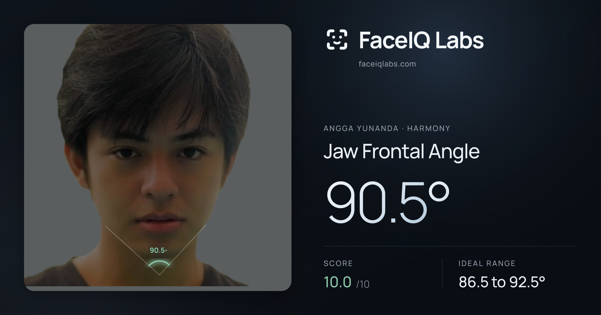 Angga Yunanda Jaw Frontal Angle: 90.5°, drawn on the photo