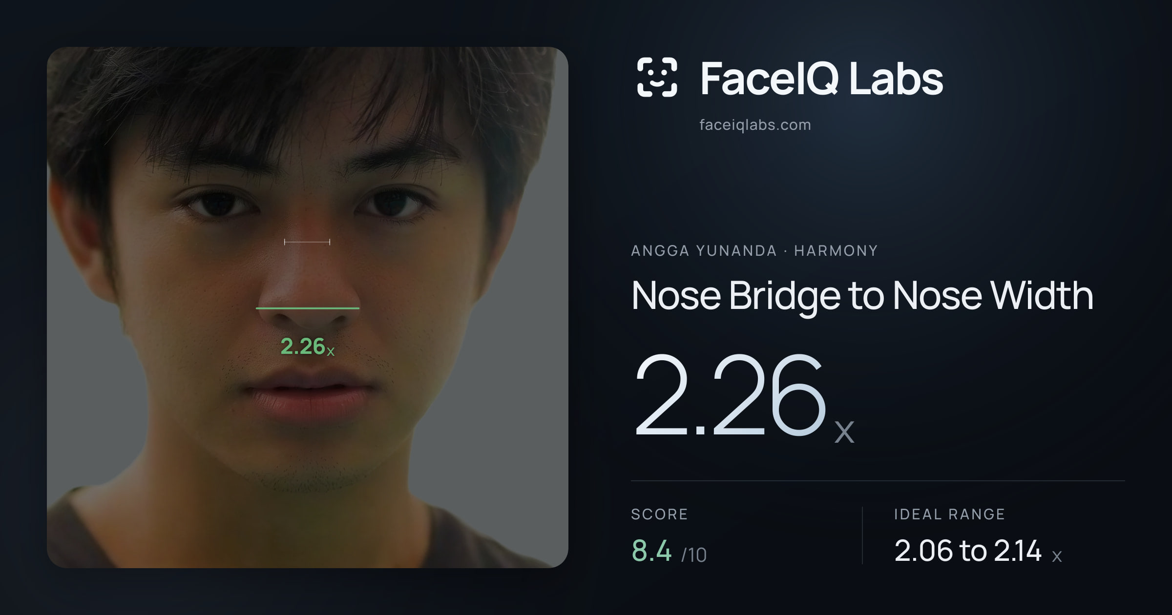 Angga Yunanda Nose Bridge to Nose Width: 2.26x, drawn on the photo