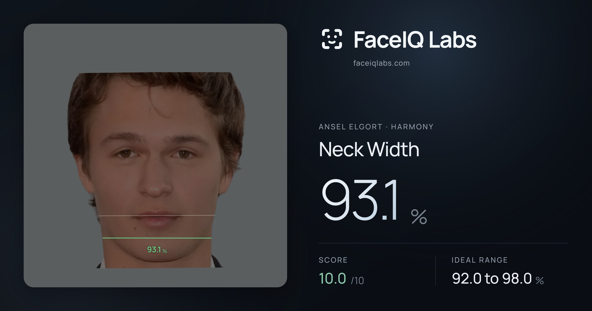 Ansel Elgort Neck Width: 93.1%, drawn on the photo
