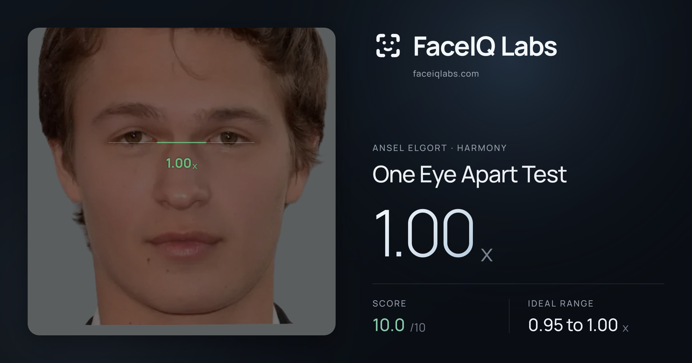 Ansel Elgort One Eye Apart Test: 1.00x, drawn on the photo