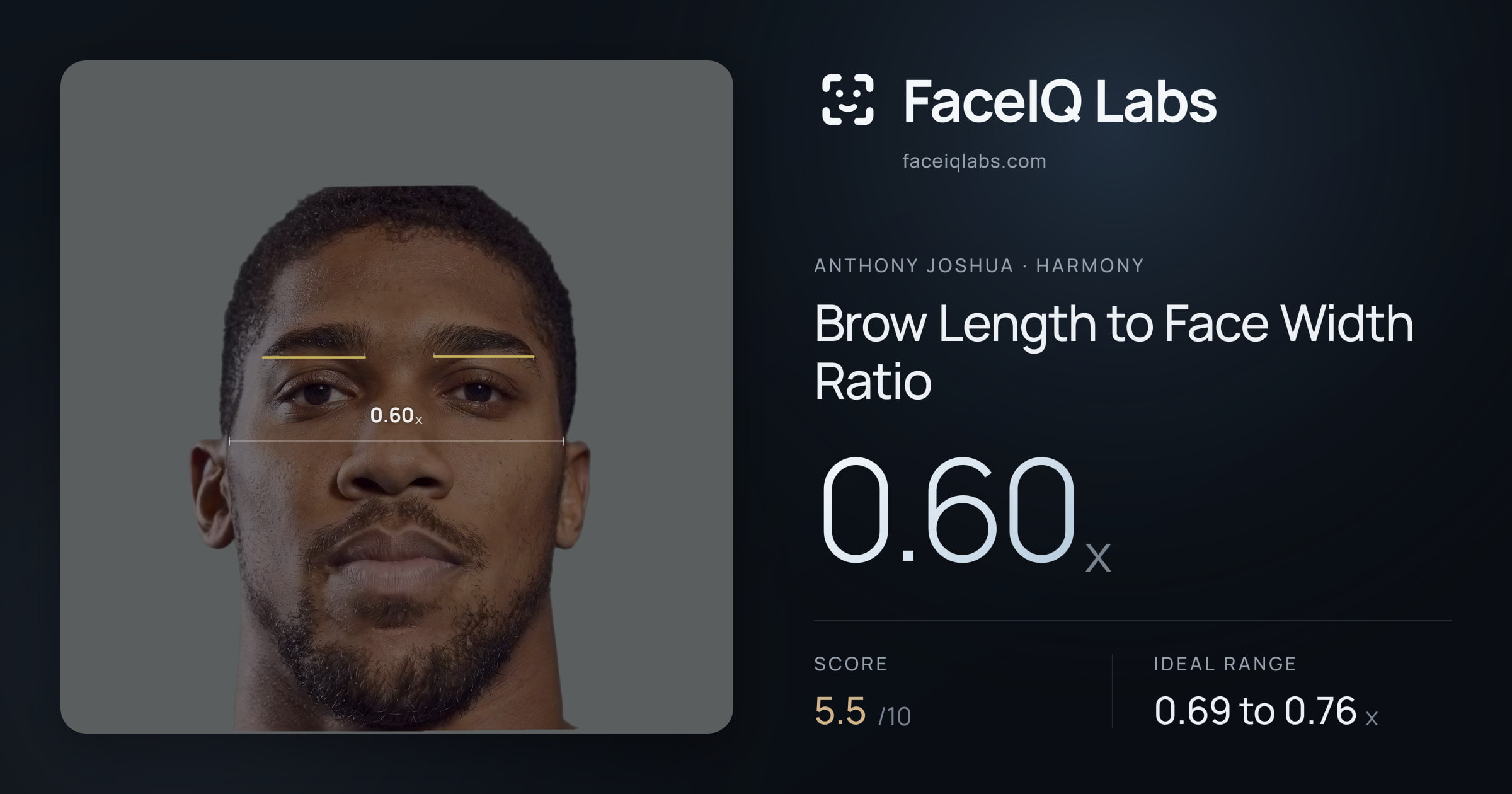 Anthony Joshua Brow Length to Face Width Ratio: 0.60x, drawn on the photo