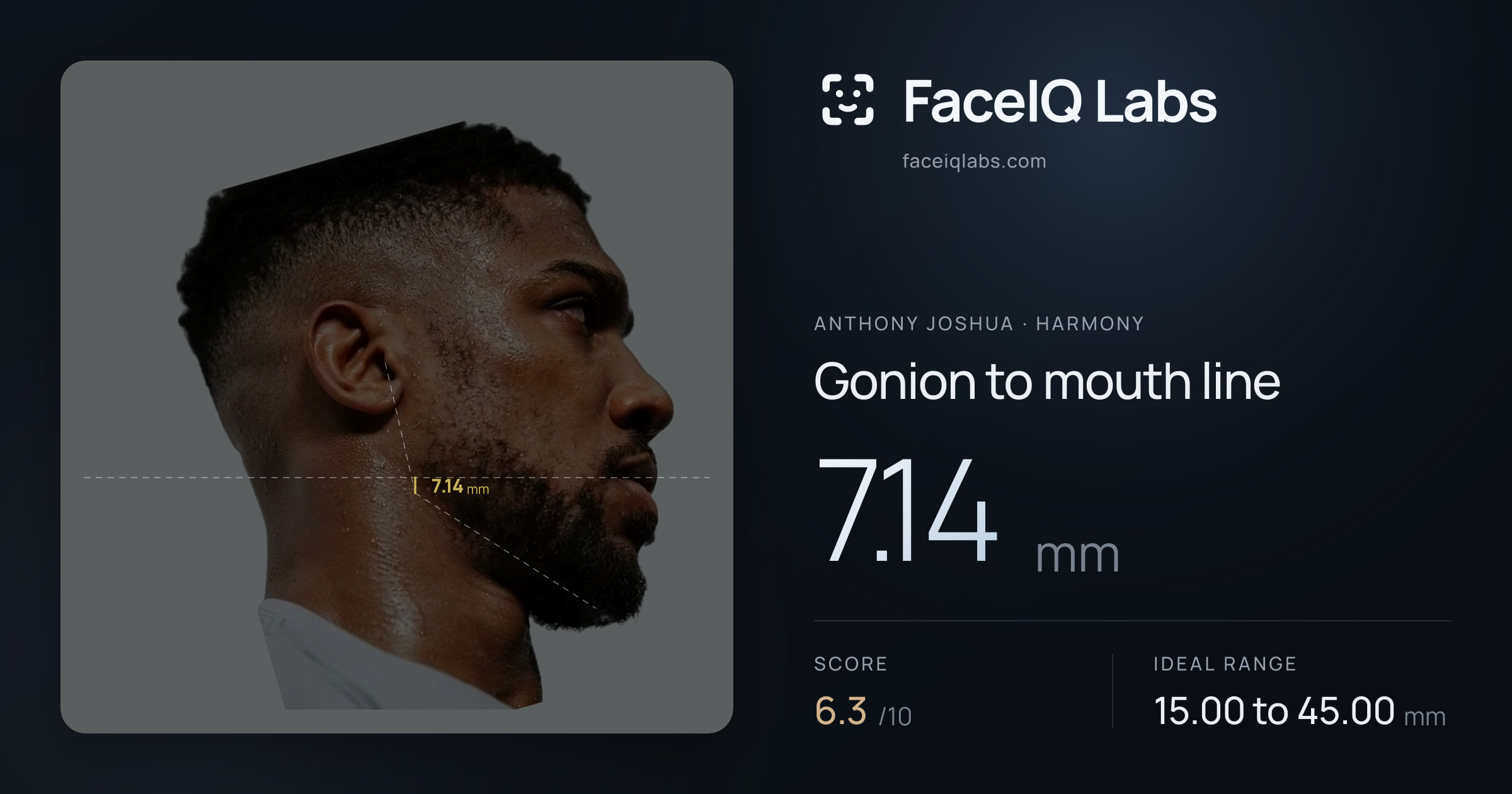 Anthony Joshua Gonion to mouth line: 7.14mm, drawn on the photo