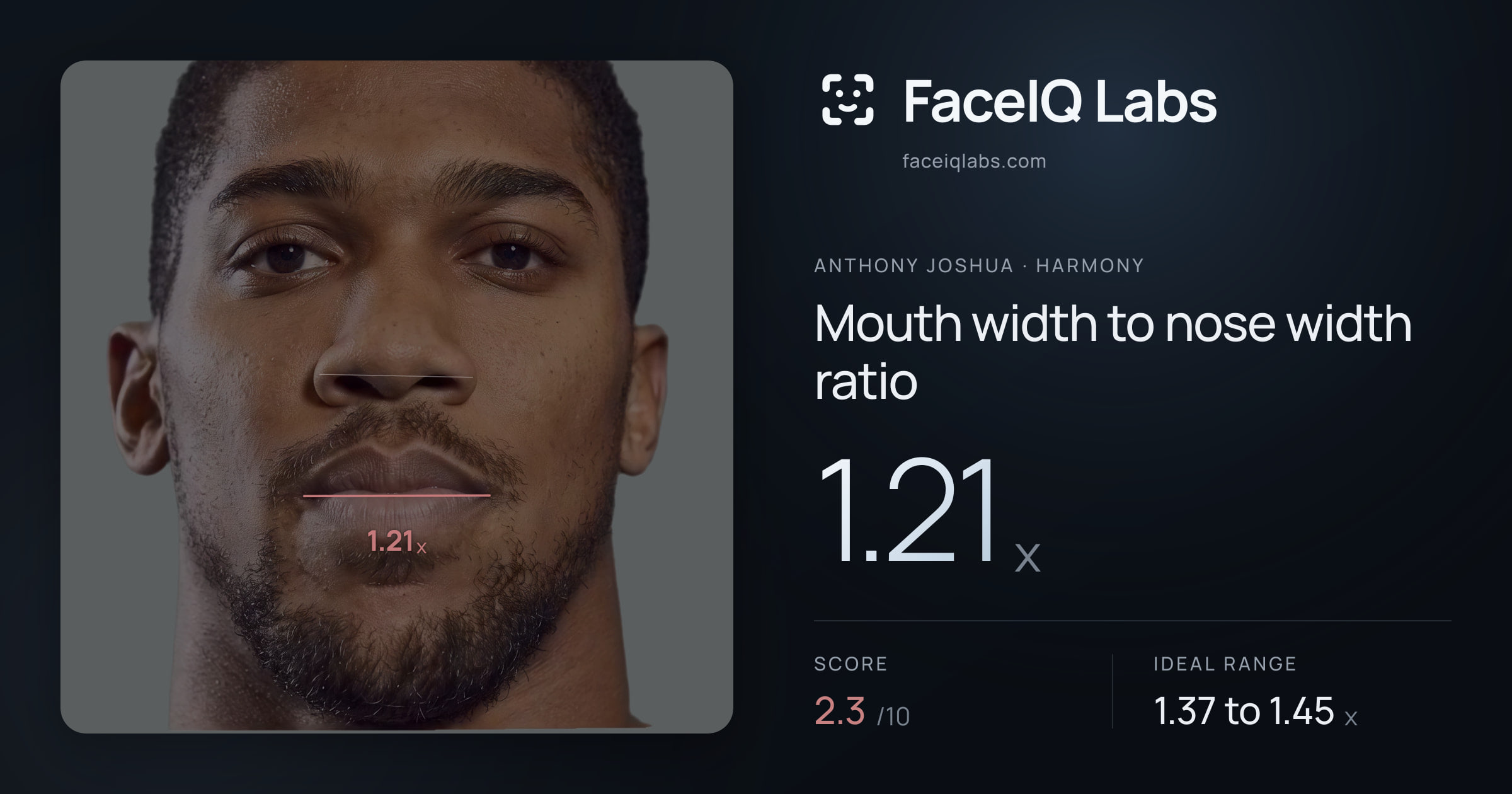 Anthony Joshua Mouth width to nose width ratio: 1.21x, drawn on the photo