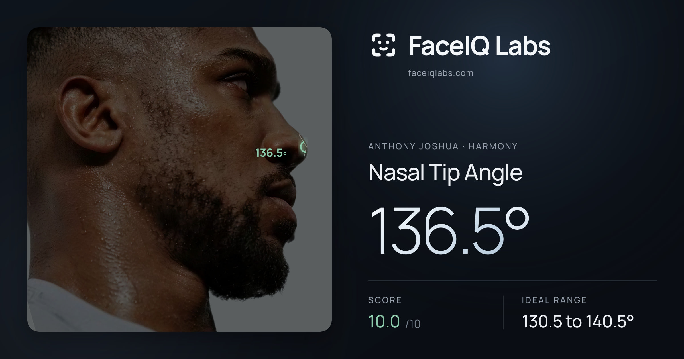 Anthony Joshua Nasal Tip Angle: 136.5°, drawn on the photo