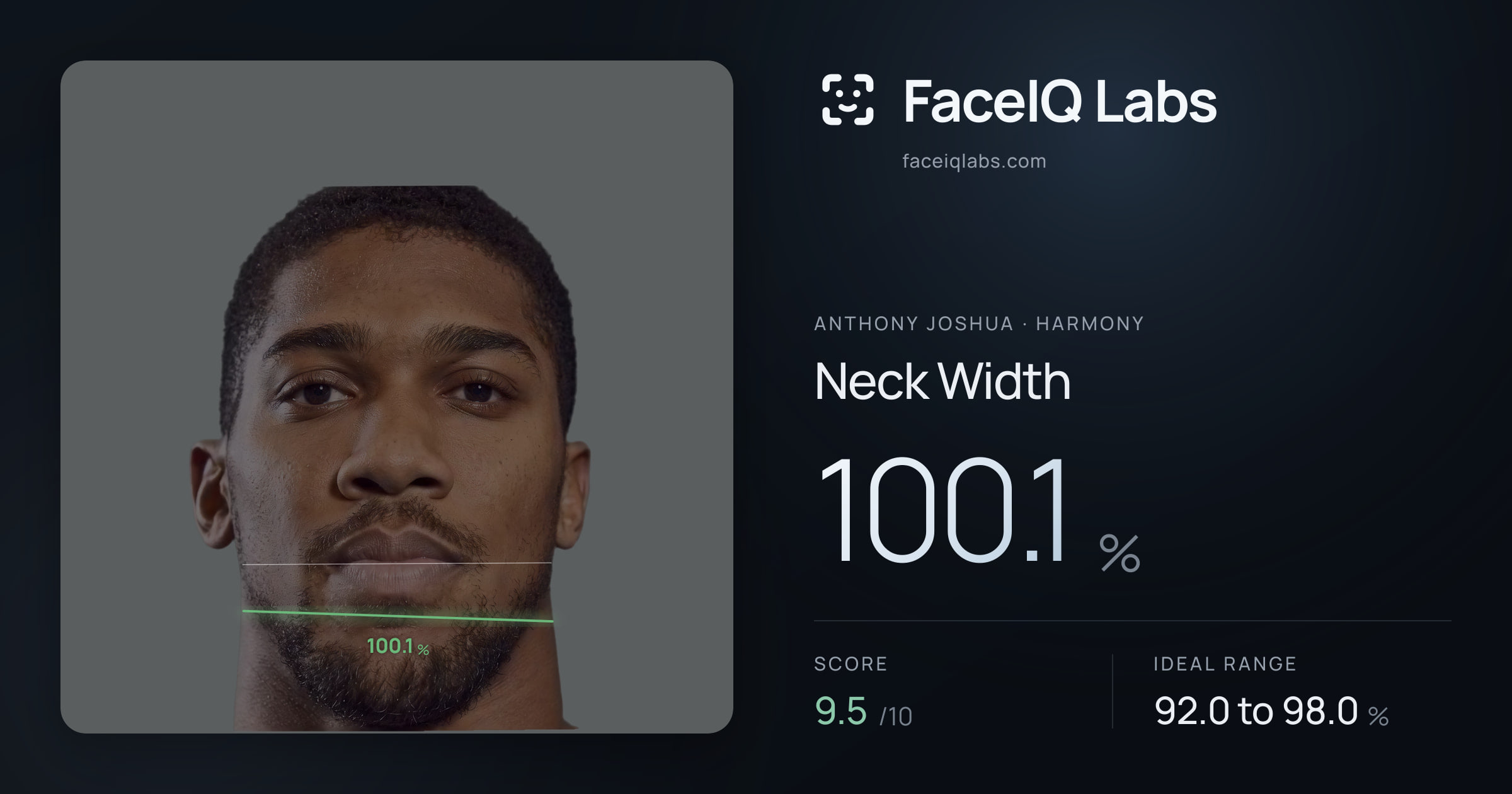 Anthony Joshua Neck Width: 100.1%, drawn on the photo