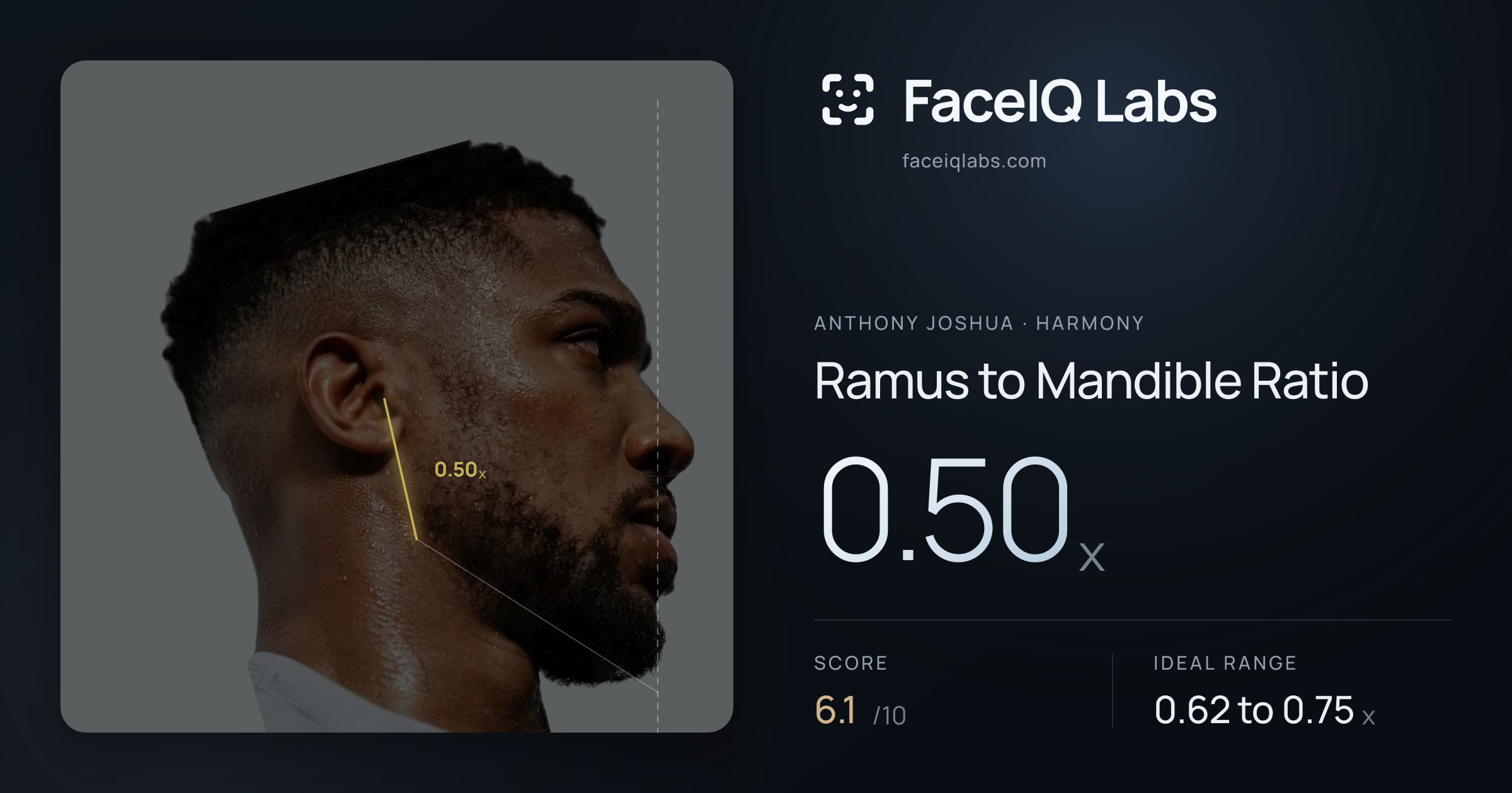 Anthony Joshua Ramus to Mandible Ratio: 0.50x, drawn on the photo