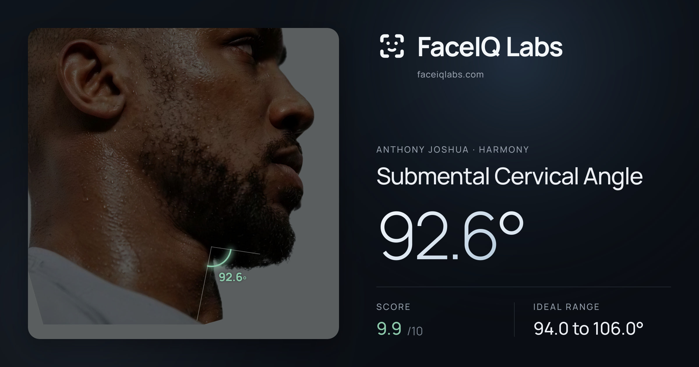 Anthony Joshua Submental Cervical Angle: 92.6°, drawn on the photo