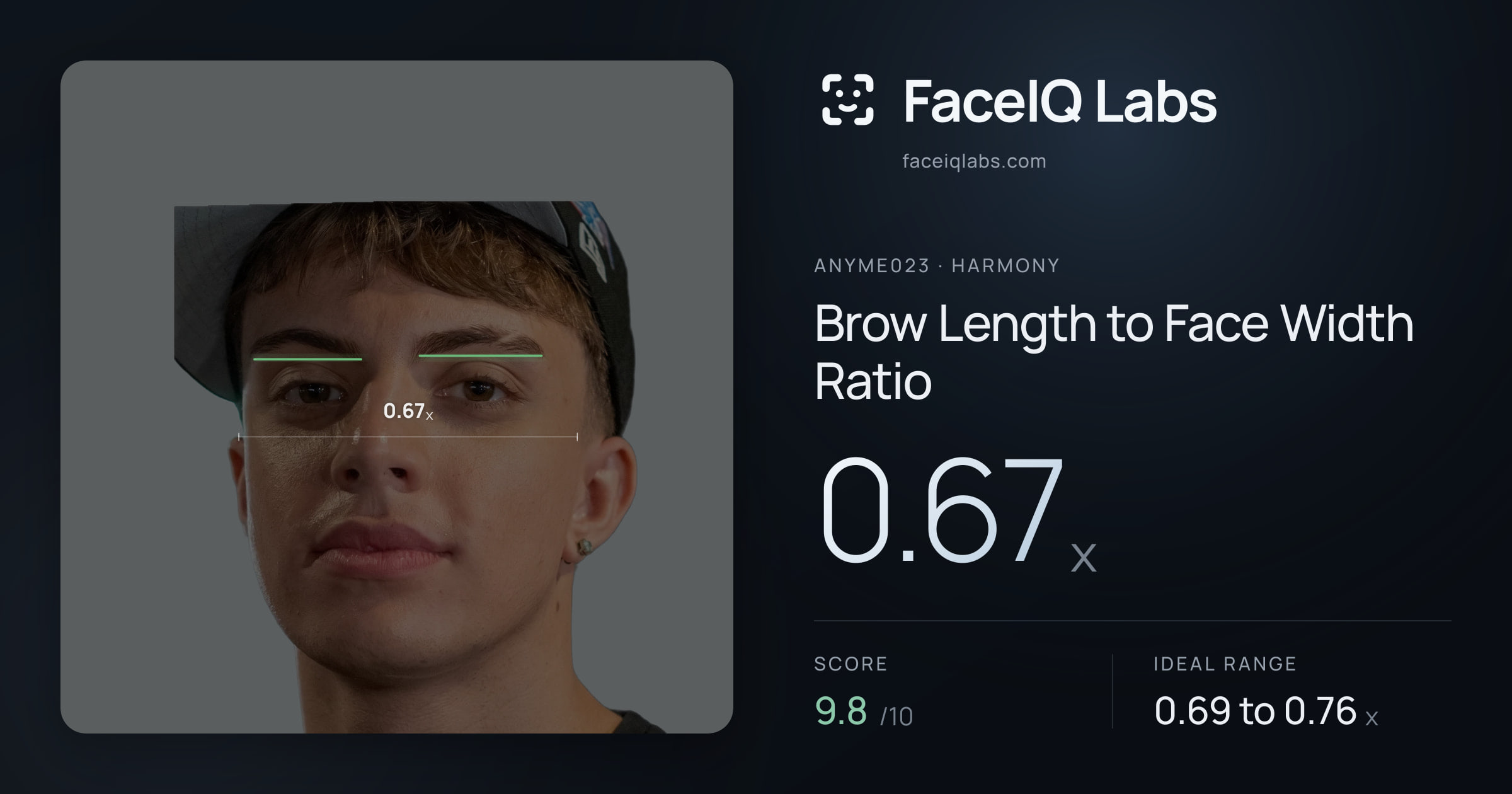 Anyme023 Brow Length to Face Width Ratio: 0.67x, drawn on the photo