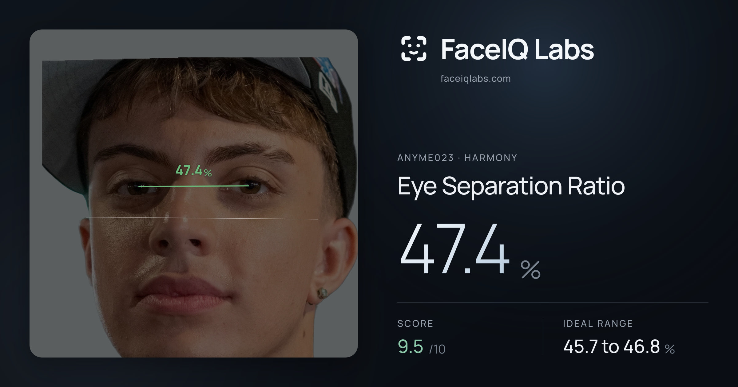 Anyme023 Eye Separation Ratio: 47.4%, drawn on the photo