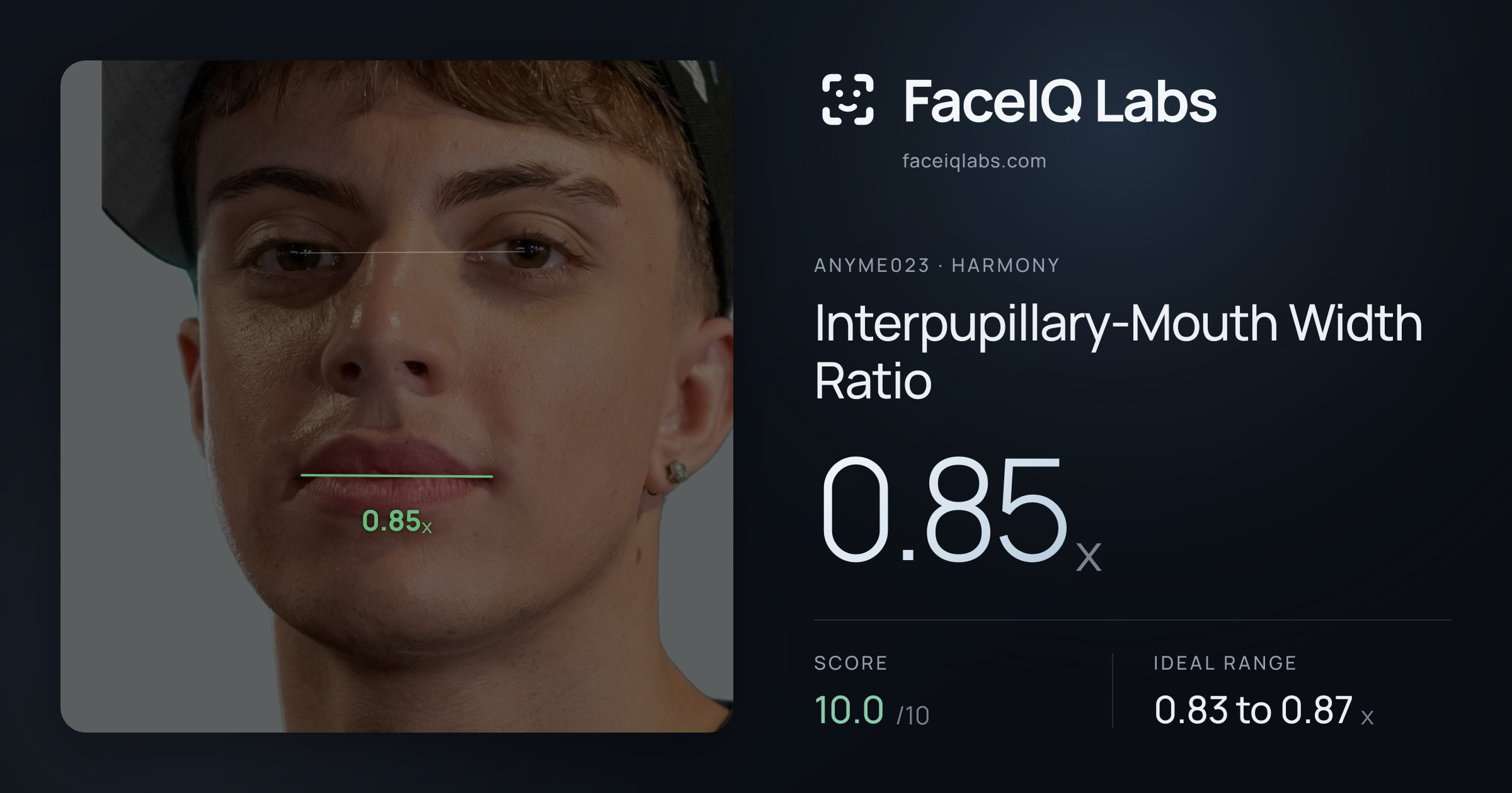 Anyme023 Interpupillary-Mouth Width Ratio: 0.85x, drawn on the photo