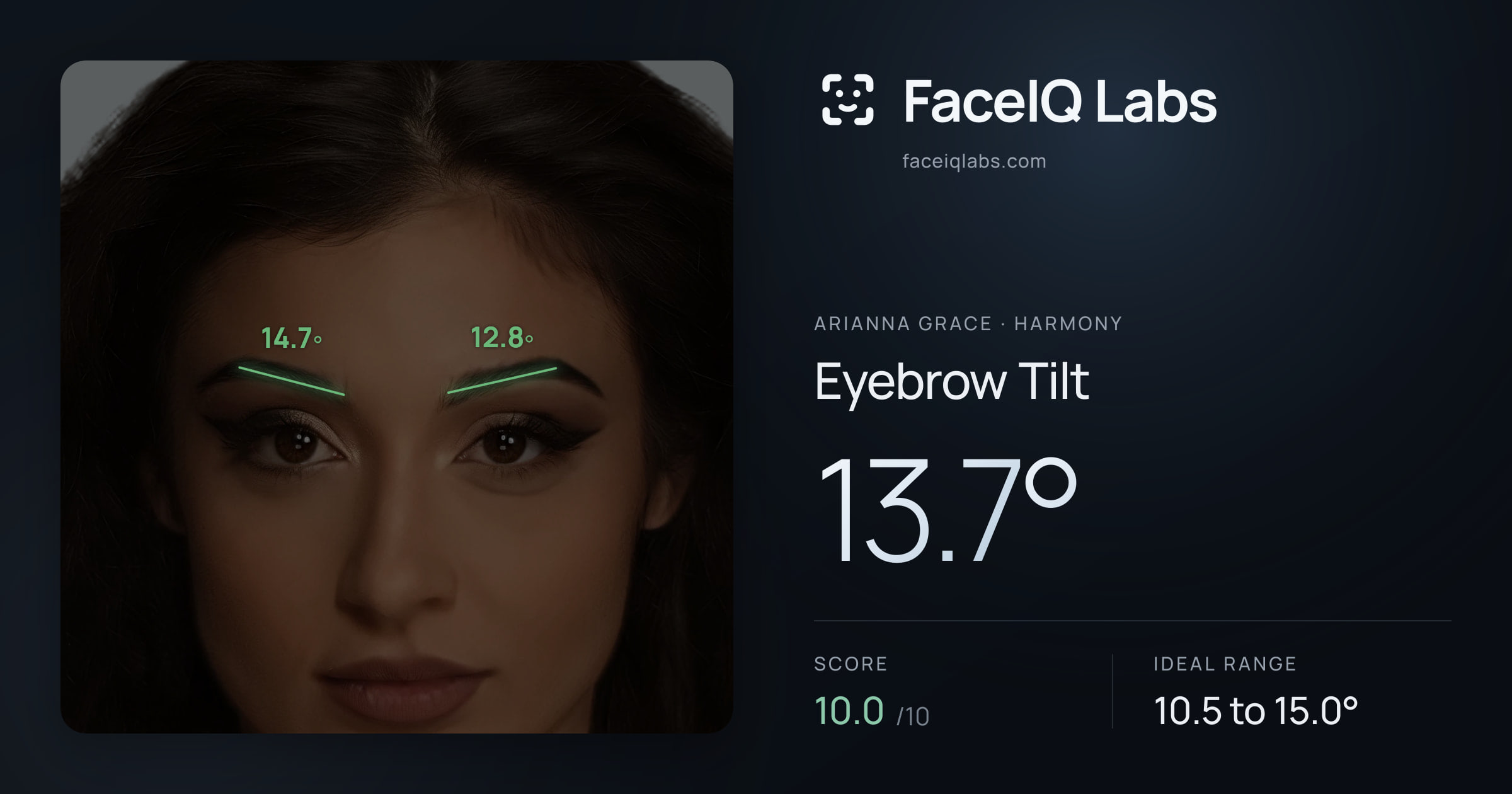 Arianna Grace Eyebrow Tilt: 13.7°, drawn on the photo