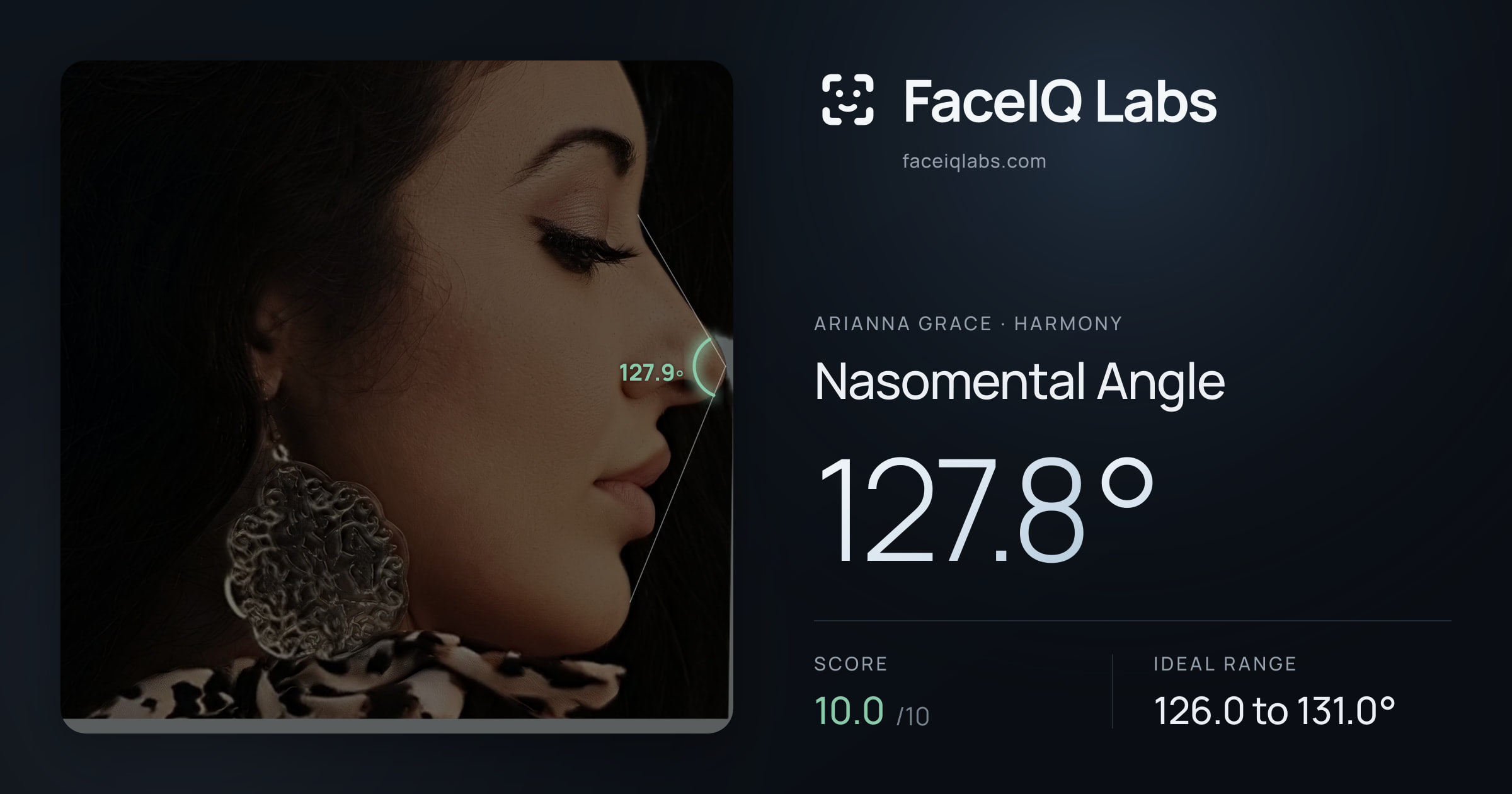 Arianna Grace Nasomental Angle: 127.8°, drawn on the photo