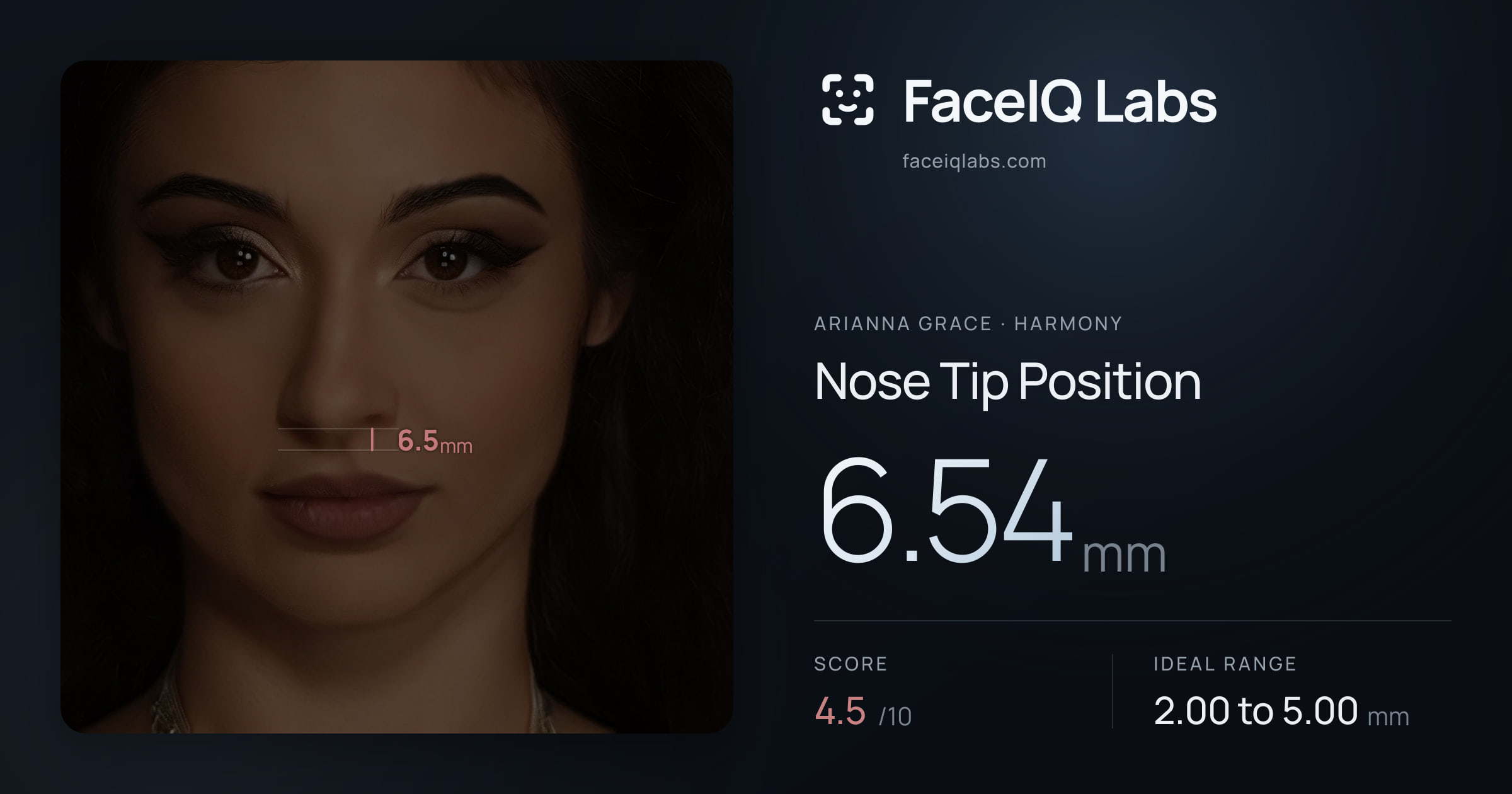 Arianna Grace Nose Tip Position: 6.54mm, drawn on the photo