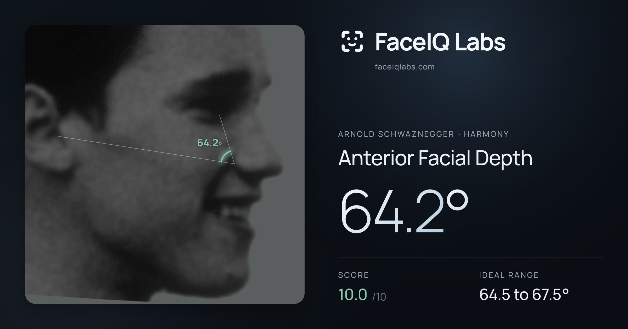 Arnold Schwaznegger Anterior Facial Depth: 64.2°, drawn on the photo