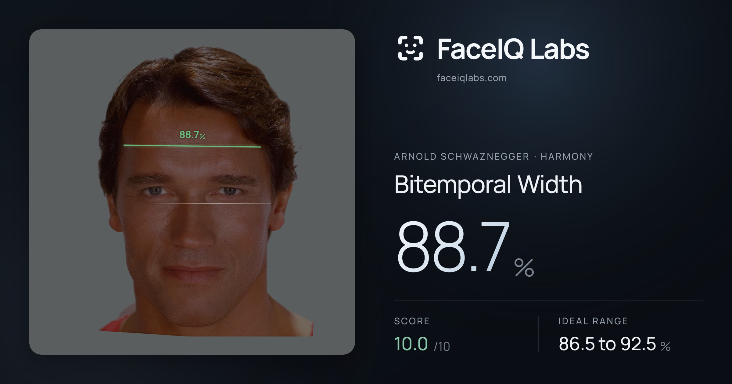 Arnold Schwaznegger Bitemporal Width: 88.7%, drawn on the photo