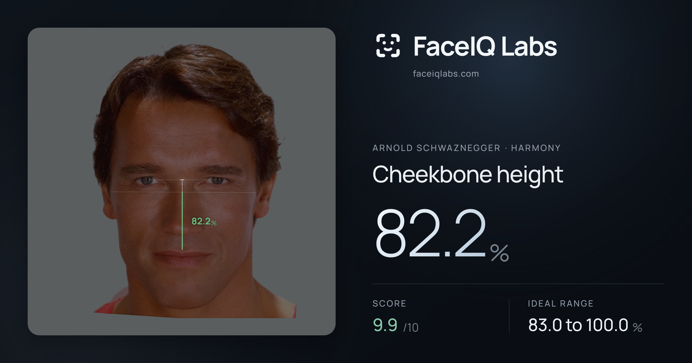 Arnold Schwaznegger Cheekbone height: 82.2%, drawn on the photo