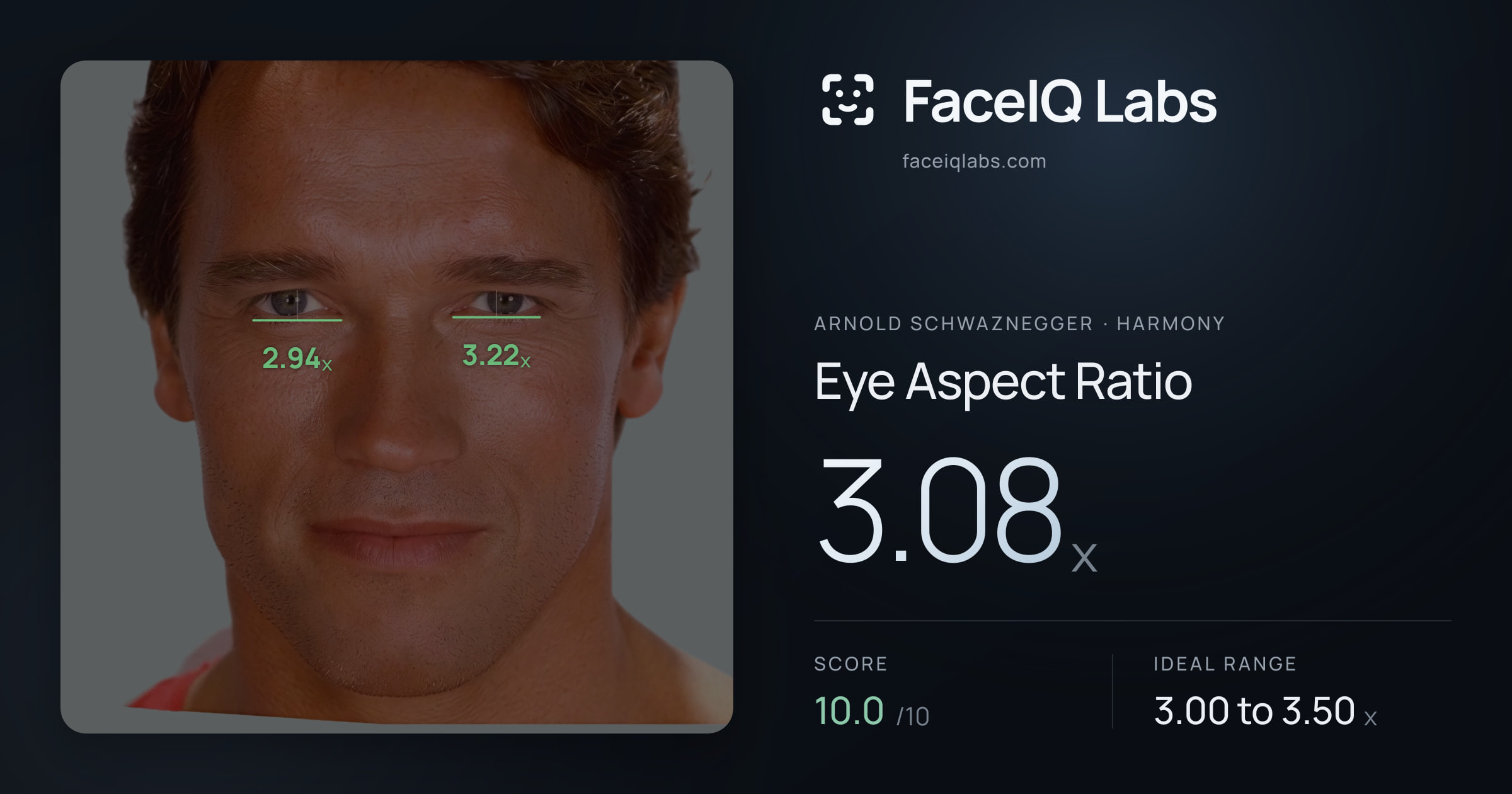 Arnold Schwaznegger Eye Aspect Ratio: 3.08x, drawn on the photo