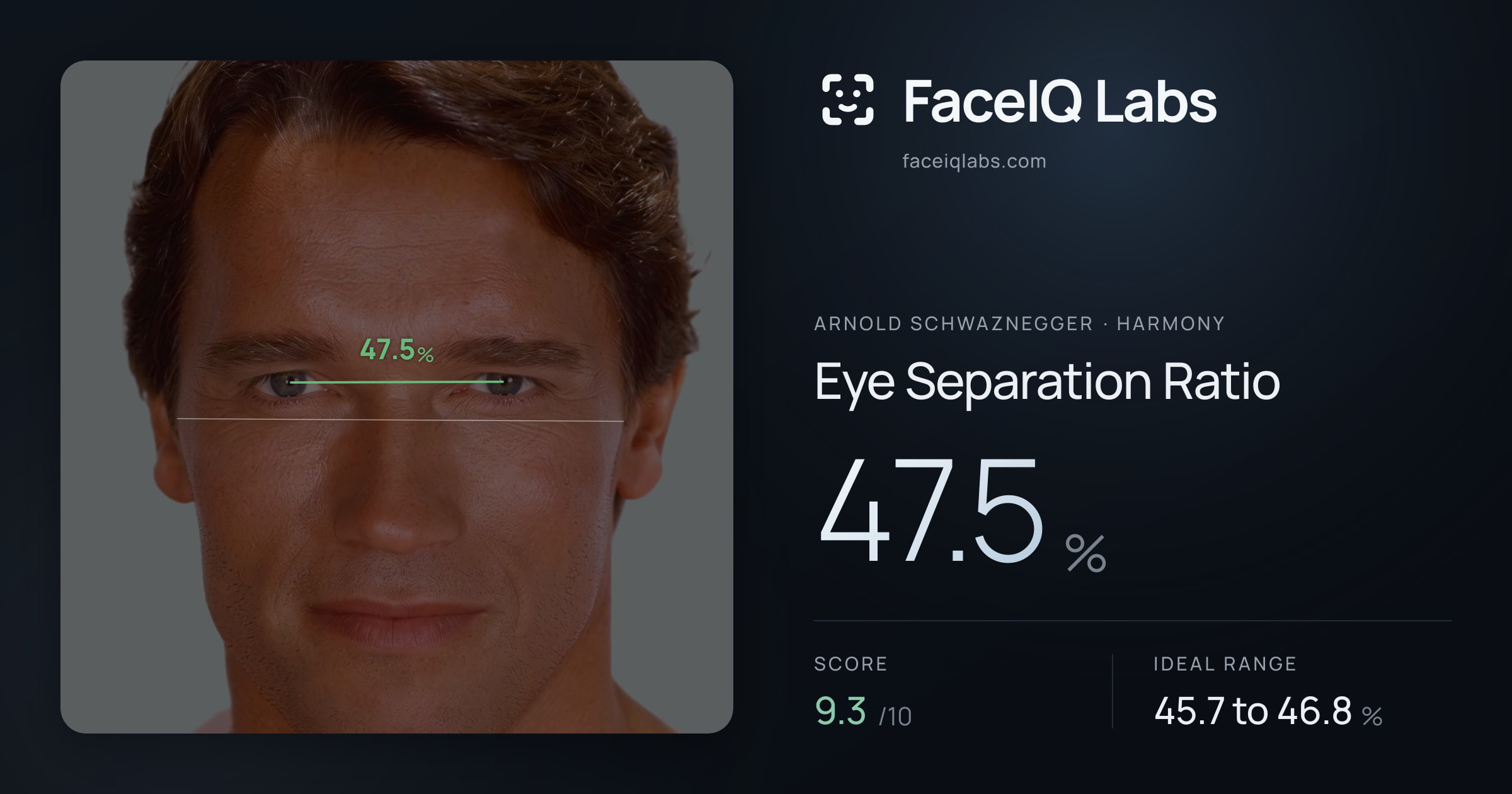 Arnold Schwaznegger Eye Separation Ratio: 47.5%, drawn on the photo