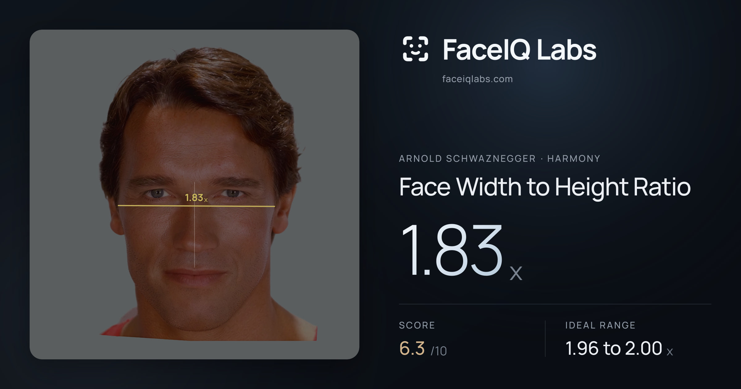 Arnold Schwaznegger Face Width to Height Ratio: 1.83x, drawn on the photo