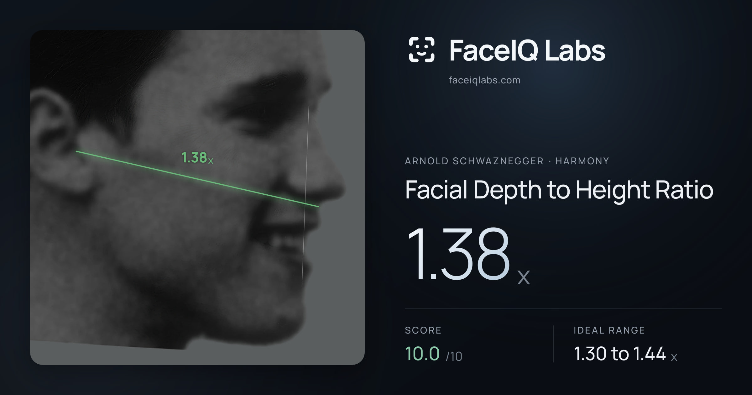 Arnold Schwaznegger Facial Depth to Height Ratio: 1.38x, drawn on the photo