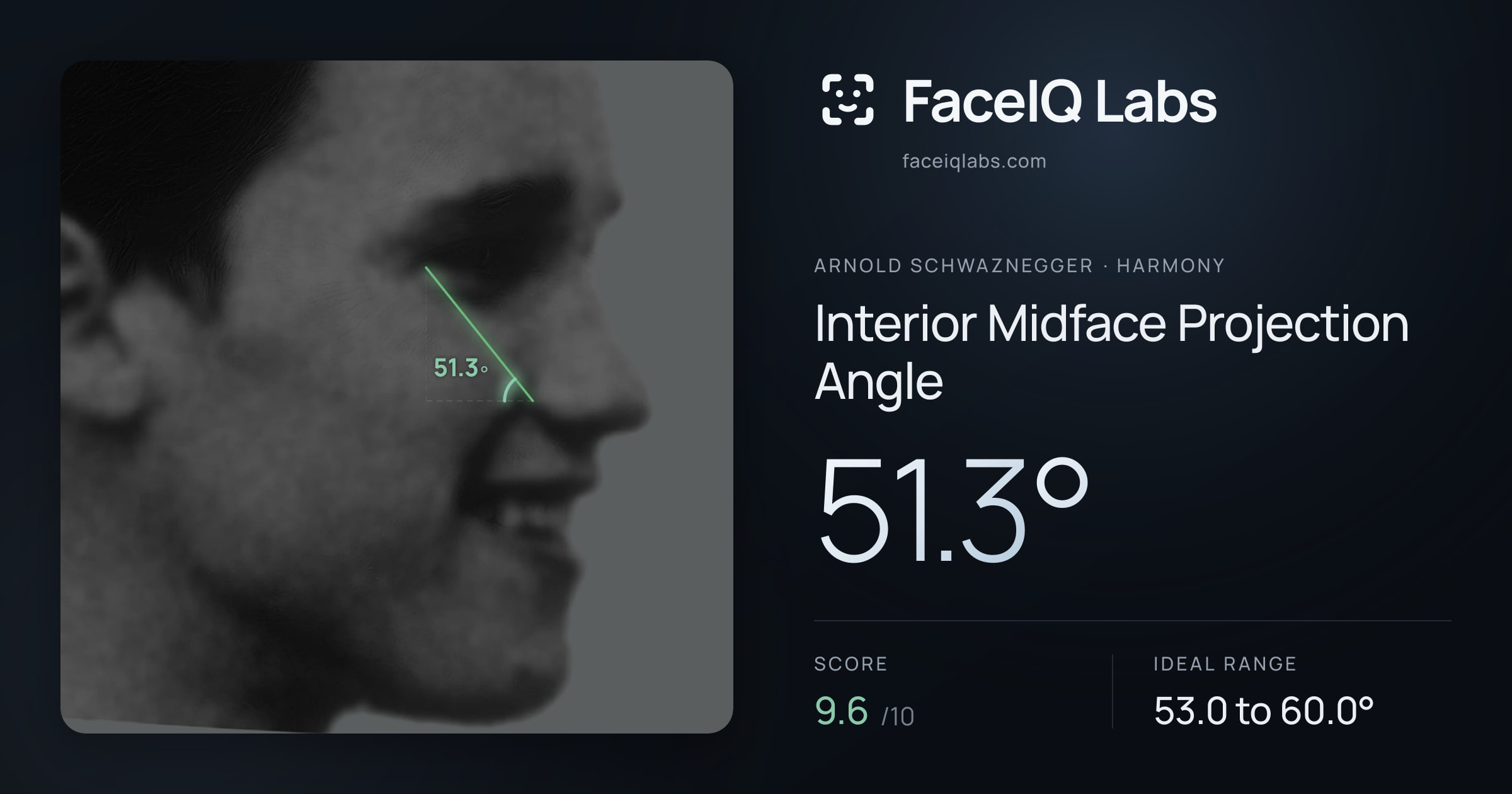 Arnold Schwaznegger Interior Midface Projection Angle: 51.3°, drawn on the photo