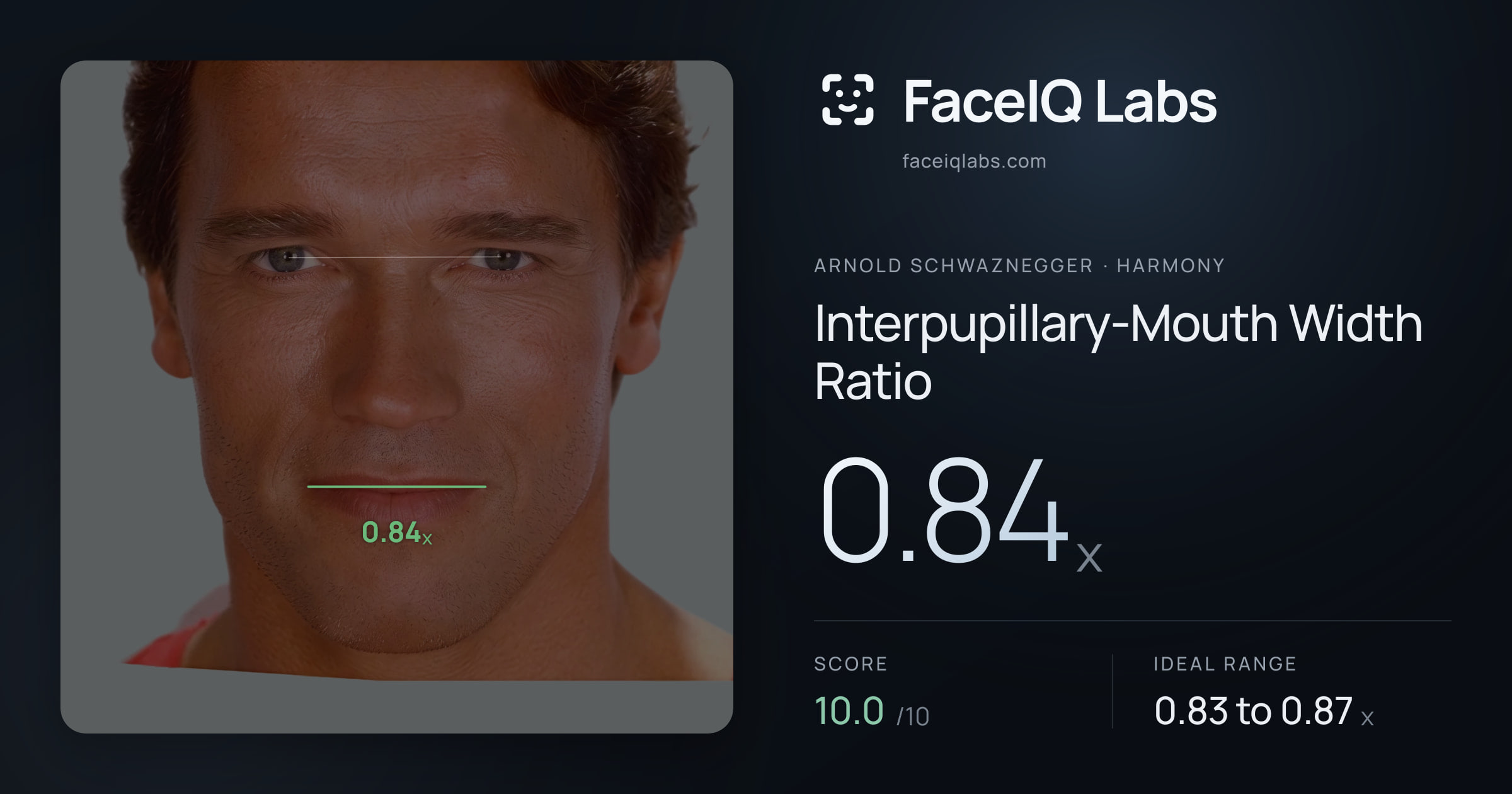 Arnold Schwaznegger Interpupillary-Mouth Width Ratio: 0.84x, drawn on the photo