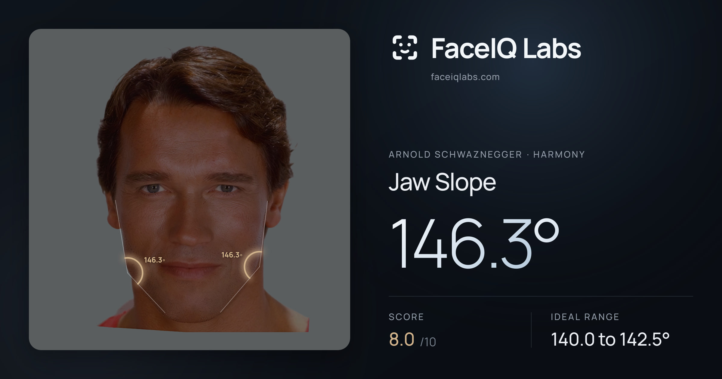 Arnold Schwaznegger Jaw Slope: 146.3°, drawn on the photo