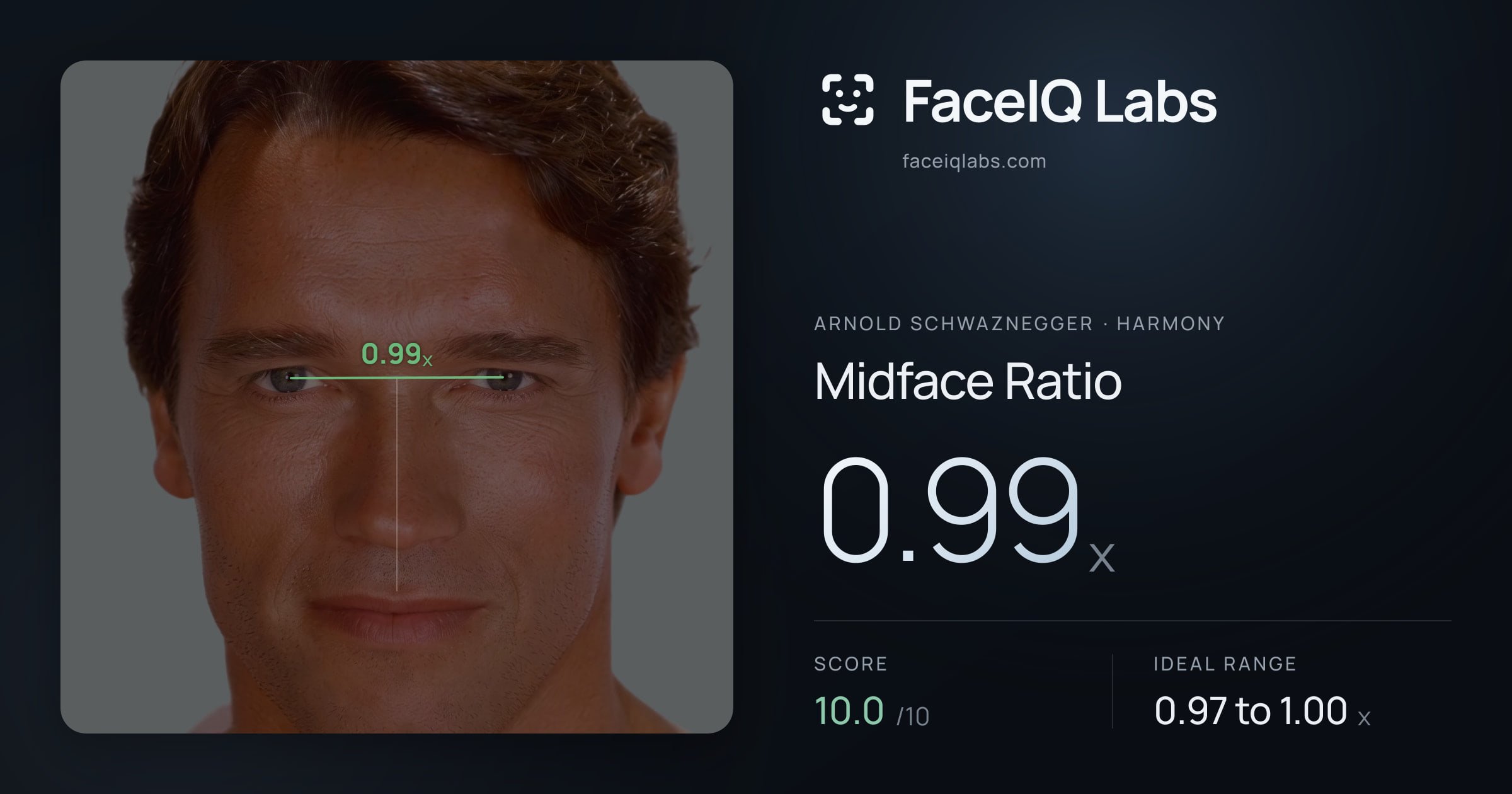 Arnold Schwaznegger Midface Ratio: 0.99x, drawn on the photo