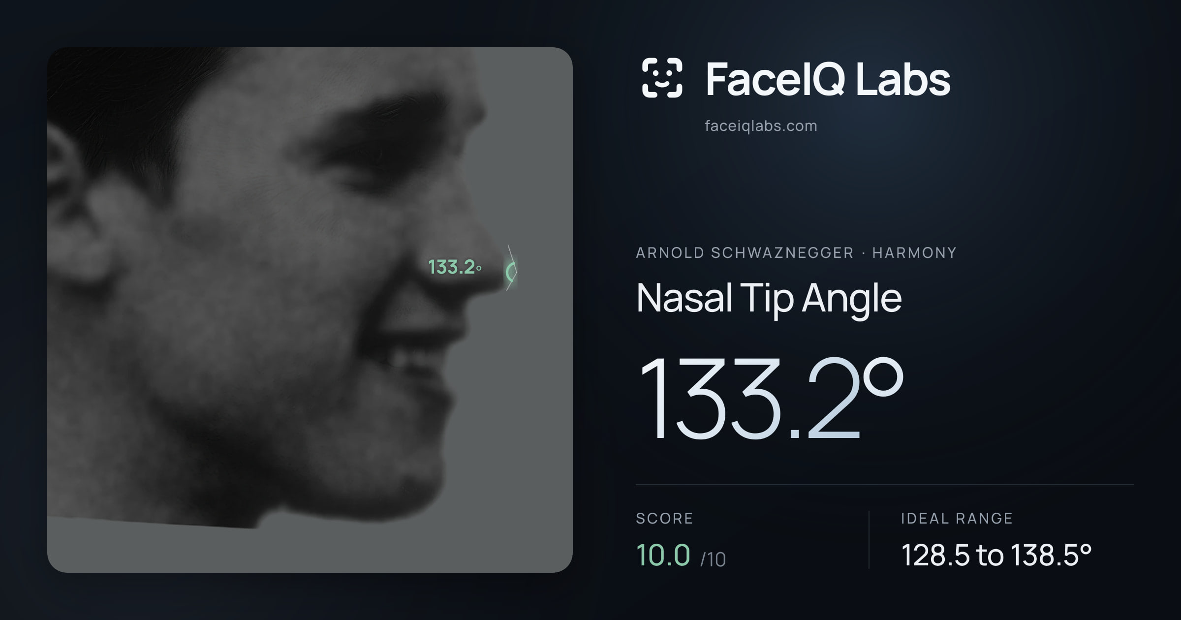 Arnold Schwaznegger Nasal Tip Angle: 133.2°, drawn on the photo