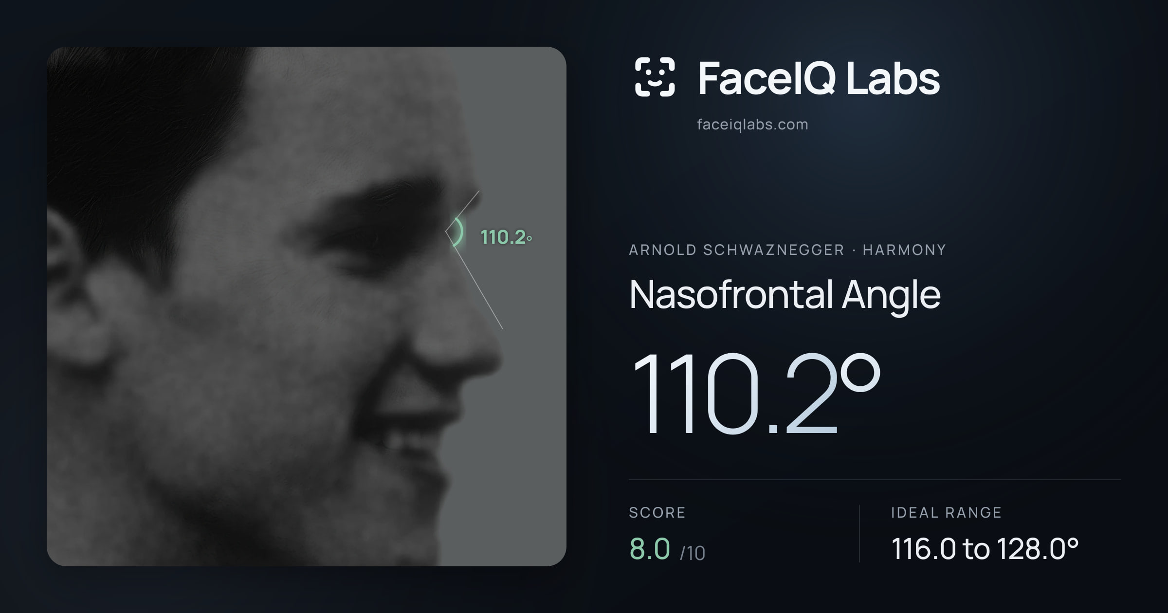 Arnold Schwaznegger Nasofrontal Angle: 110.2°, drawn on the photo