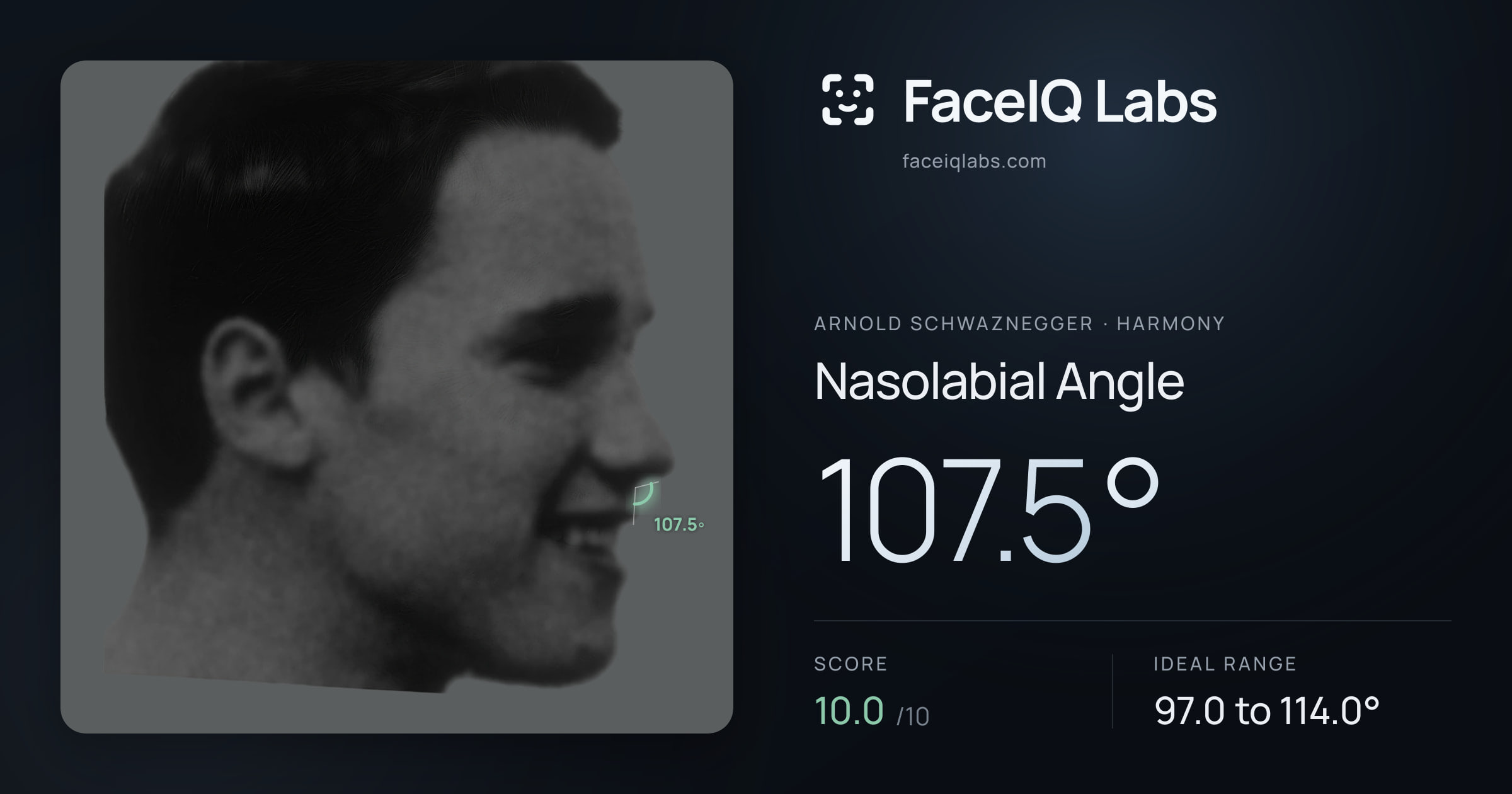 Arnold Schwaznegger Nasolabial Angle: 107.5°, drawn on the photo
