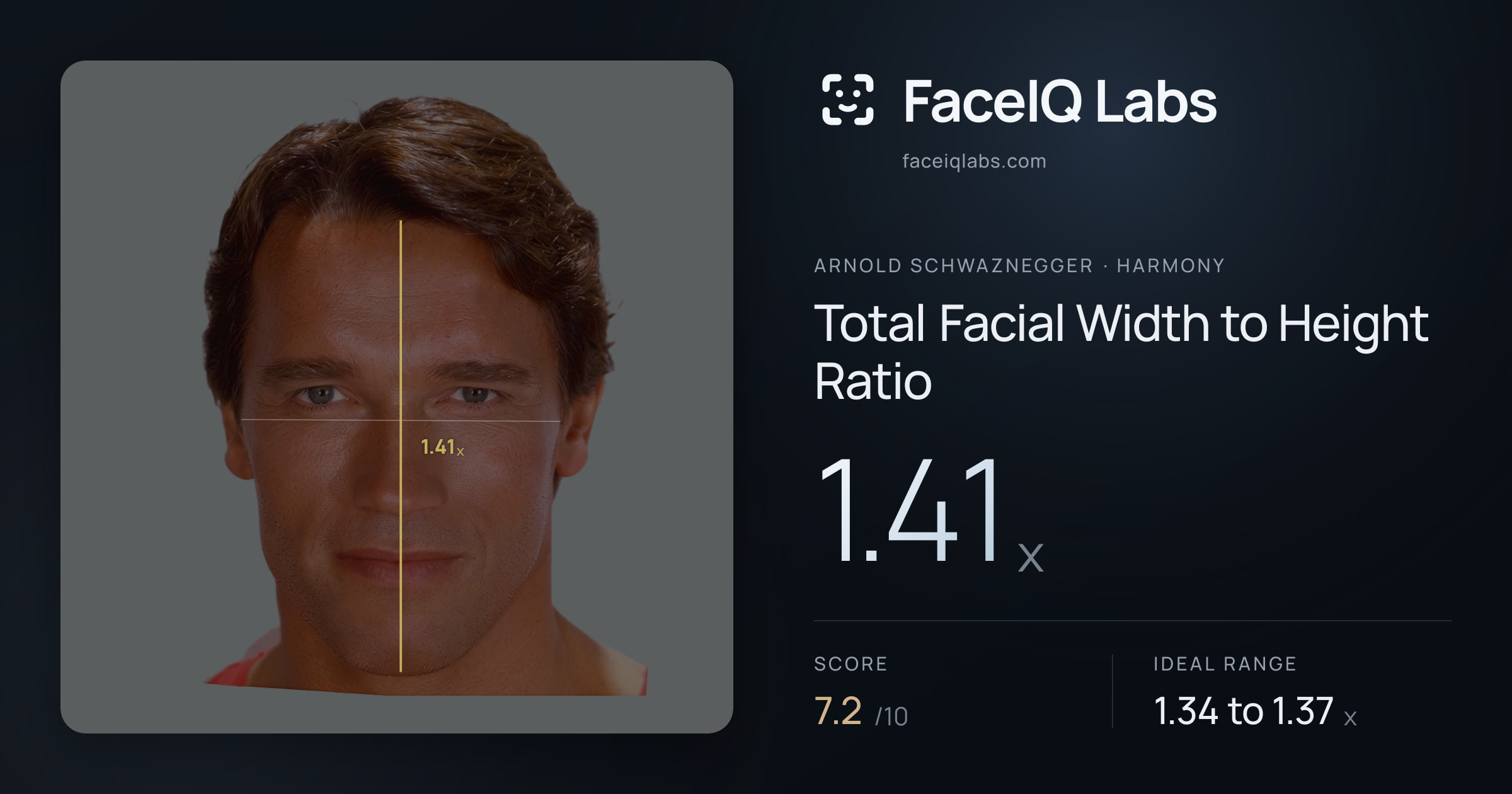 Arnold Schwaznegger Total Facial Width to Height Ratio: 1.41x, drawn on the photo