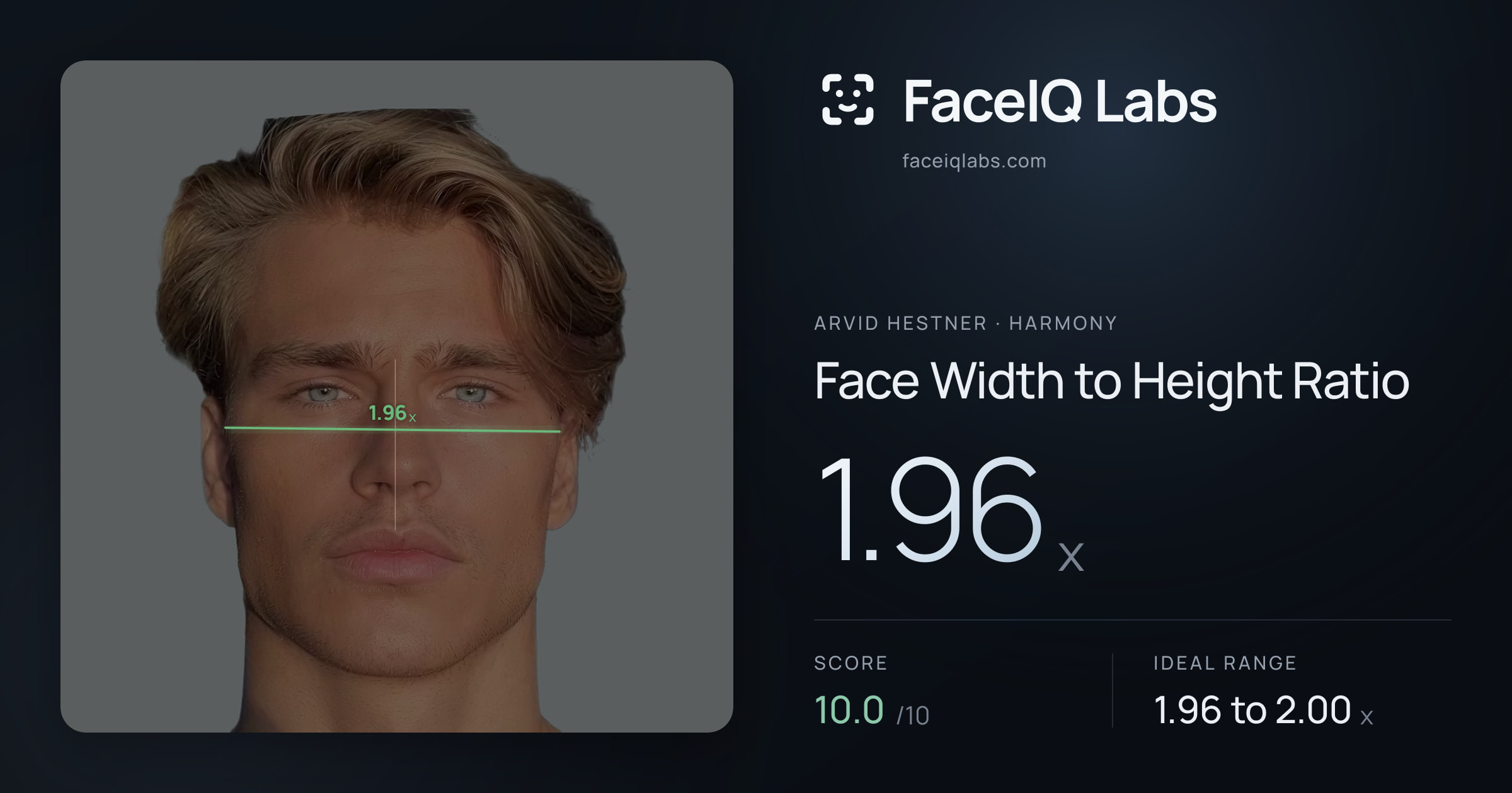 Arvid Hestner Face Width to Height Ratio: 1.96x, drawn on the photo