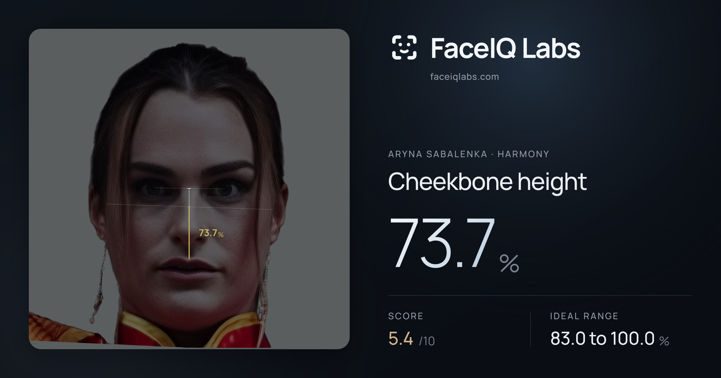 Aryna Sabalenka Cheekbone height: 73.7%, drawn on the photo