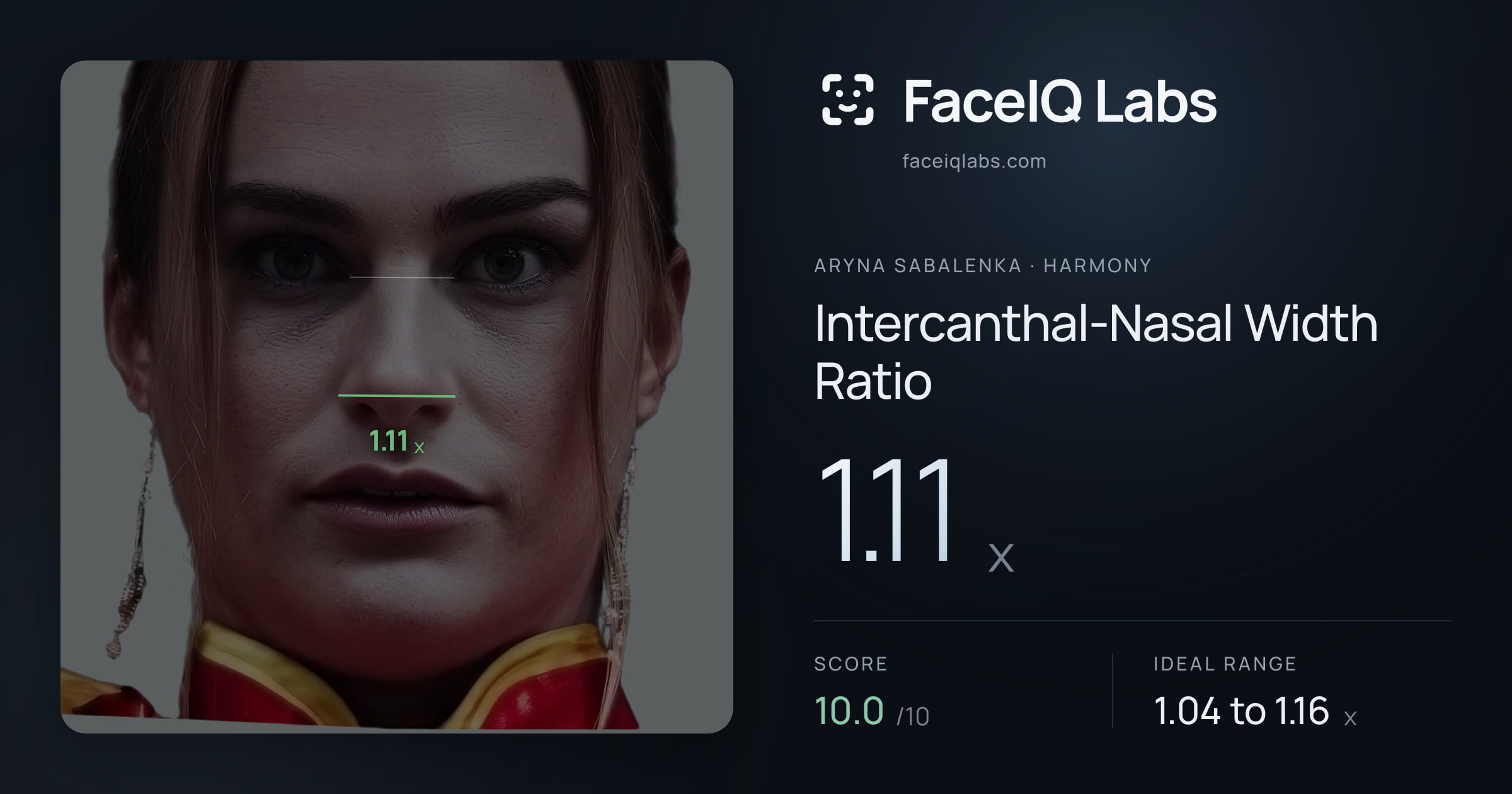 Aryna Sabalenka Intercanthal-Nasal Width Ratio: 1.11x, drawn on the photo