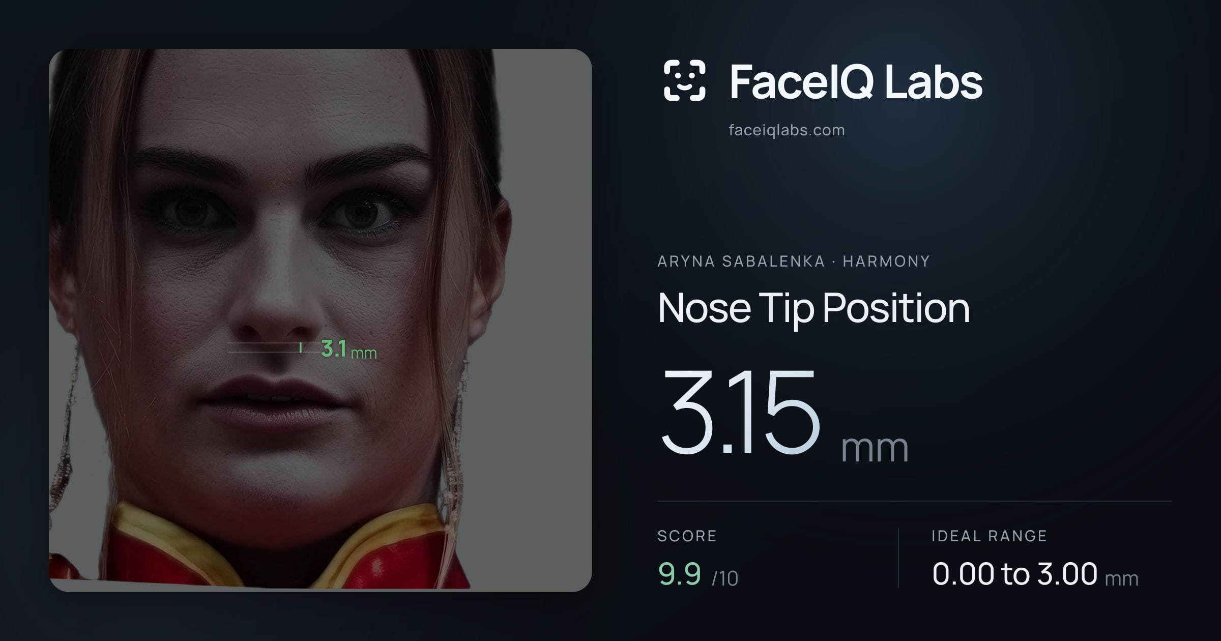 Aryna Sabalenka Nose Tip Position: 3.15mm, drawn on the photo