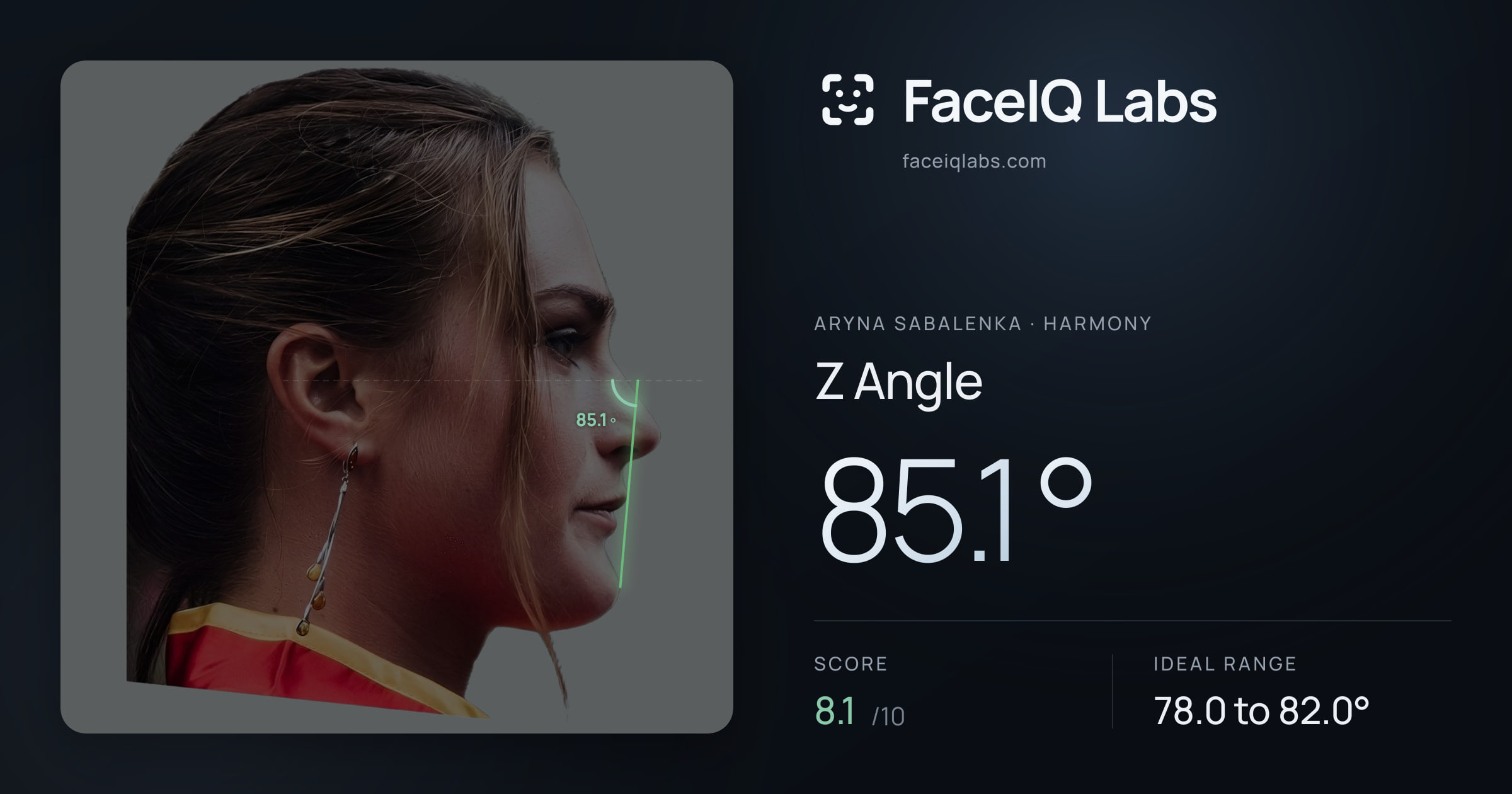 Aryna Sabalenka Z Angle: 85.1°, drawn on the photo