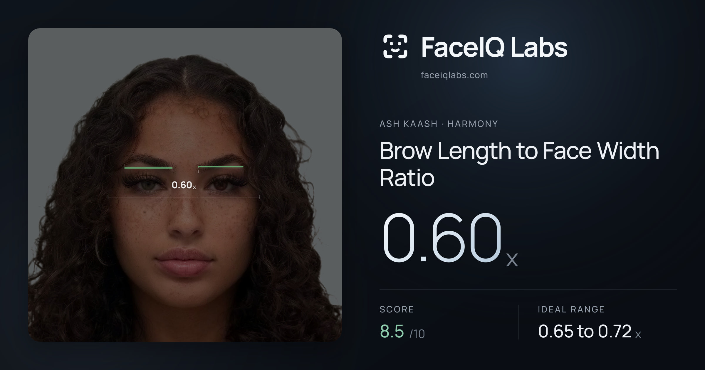Ash Kaash Brow Length to Face Width Ratio: 0.60x, drawn on the photo