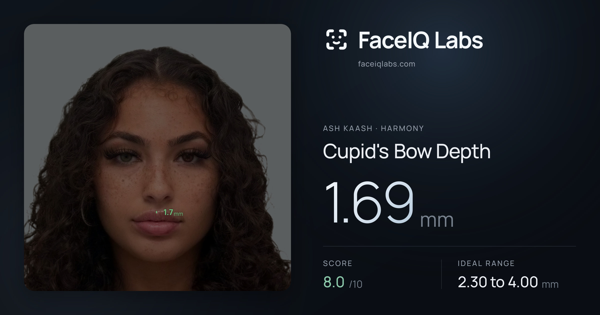 Ash Kaash Cupid's Bow Depth: 1.69mm, drawn on the photo