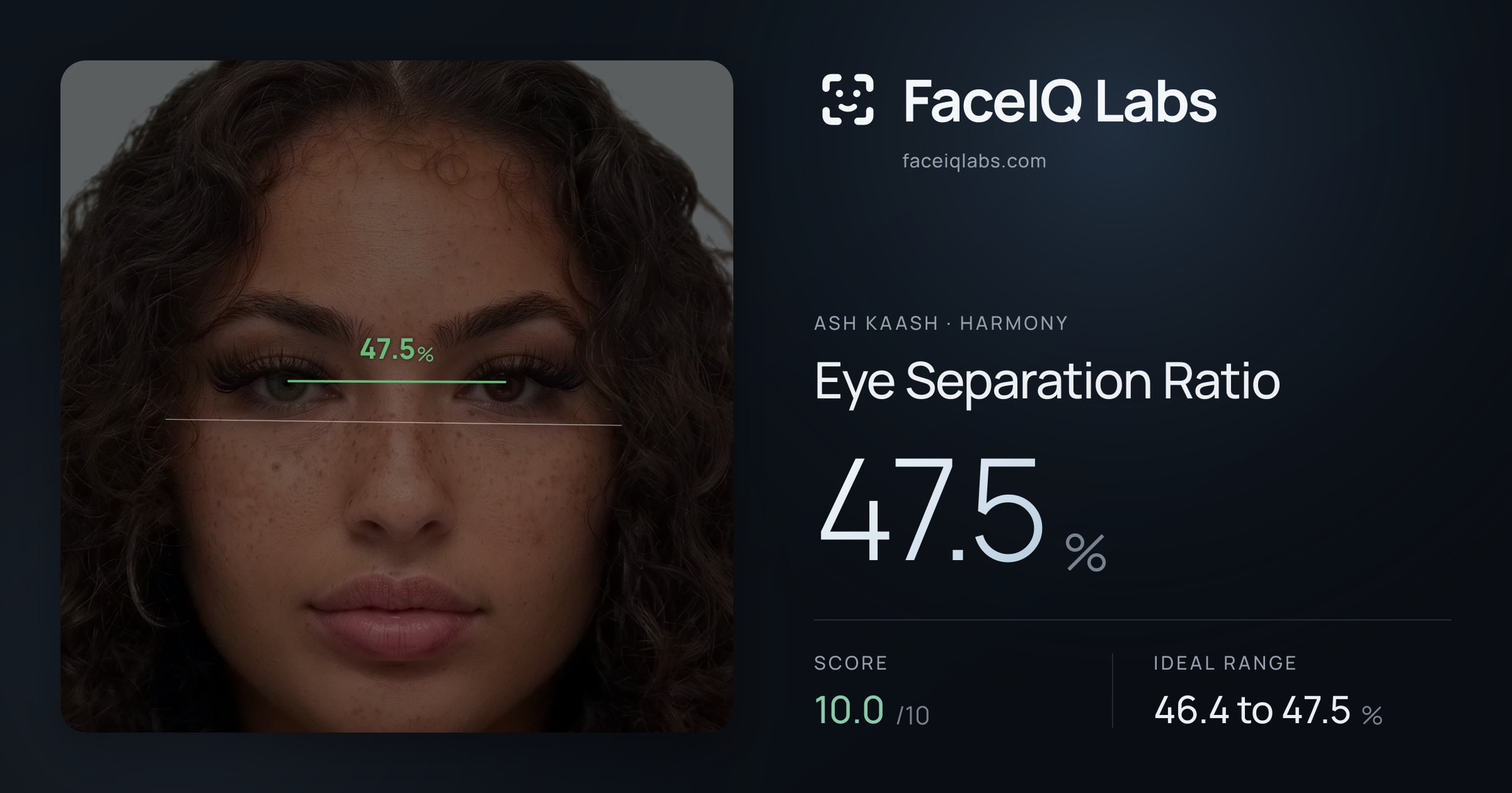 Ash Kaash Eye Separation Ratio: 47.5%, drawn on the photo