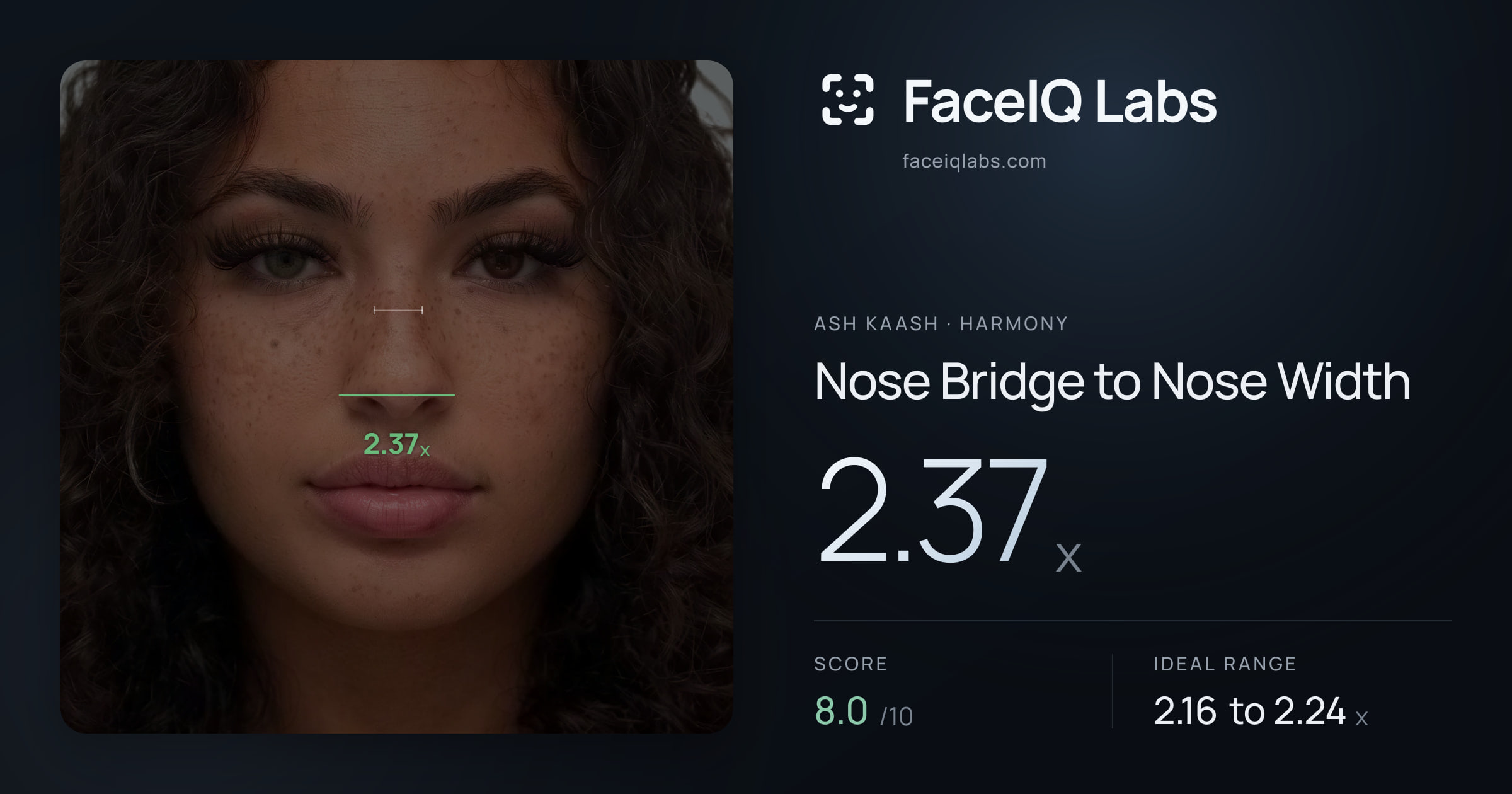 Ash Kaash Nose Bridge to Nose Width: 2.37x, drawn on the photo