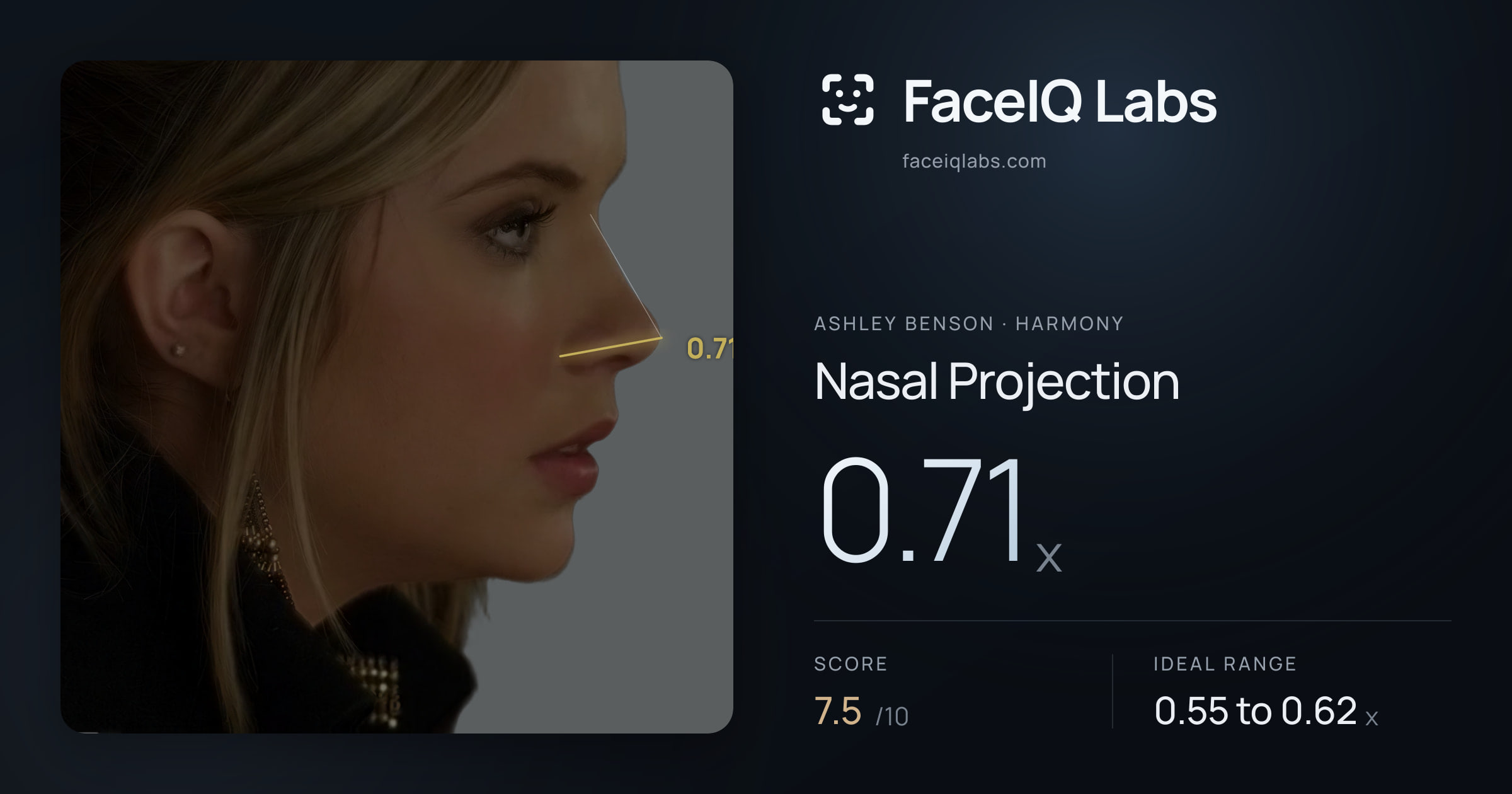 Ashley Benson Nasal Projection: 0.71x, drawn on the photo