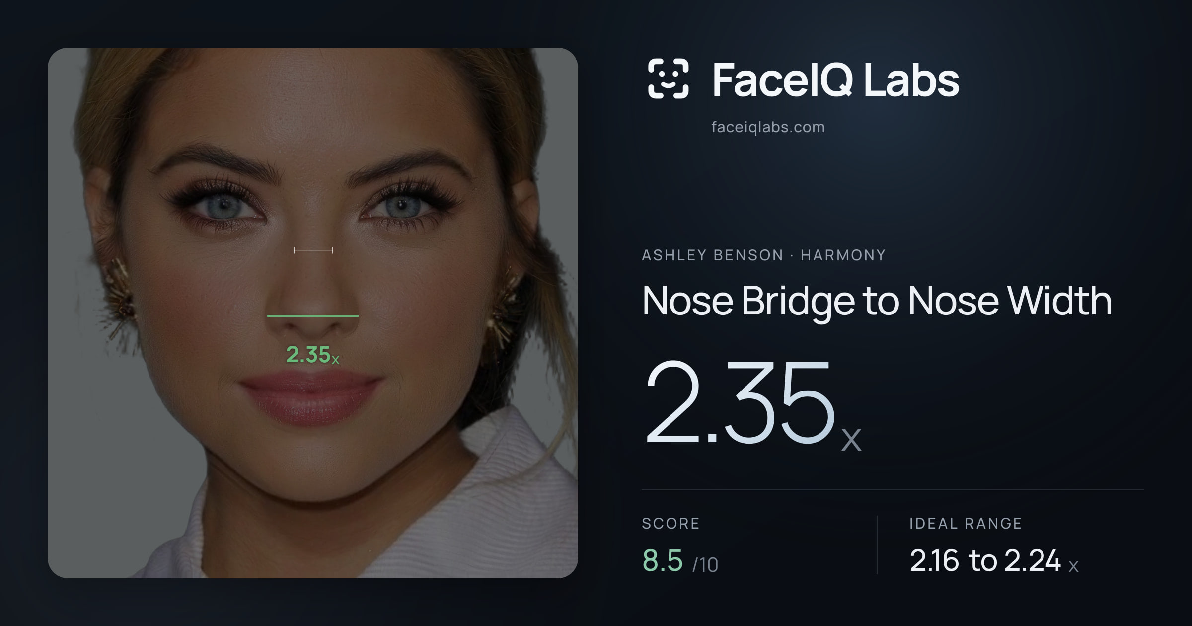 Ashley Benson Nose Bridge to Nose Width: 2.35x, drawn on the photo