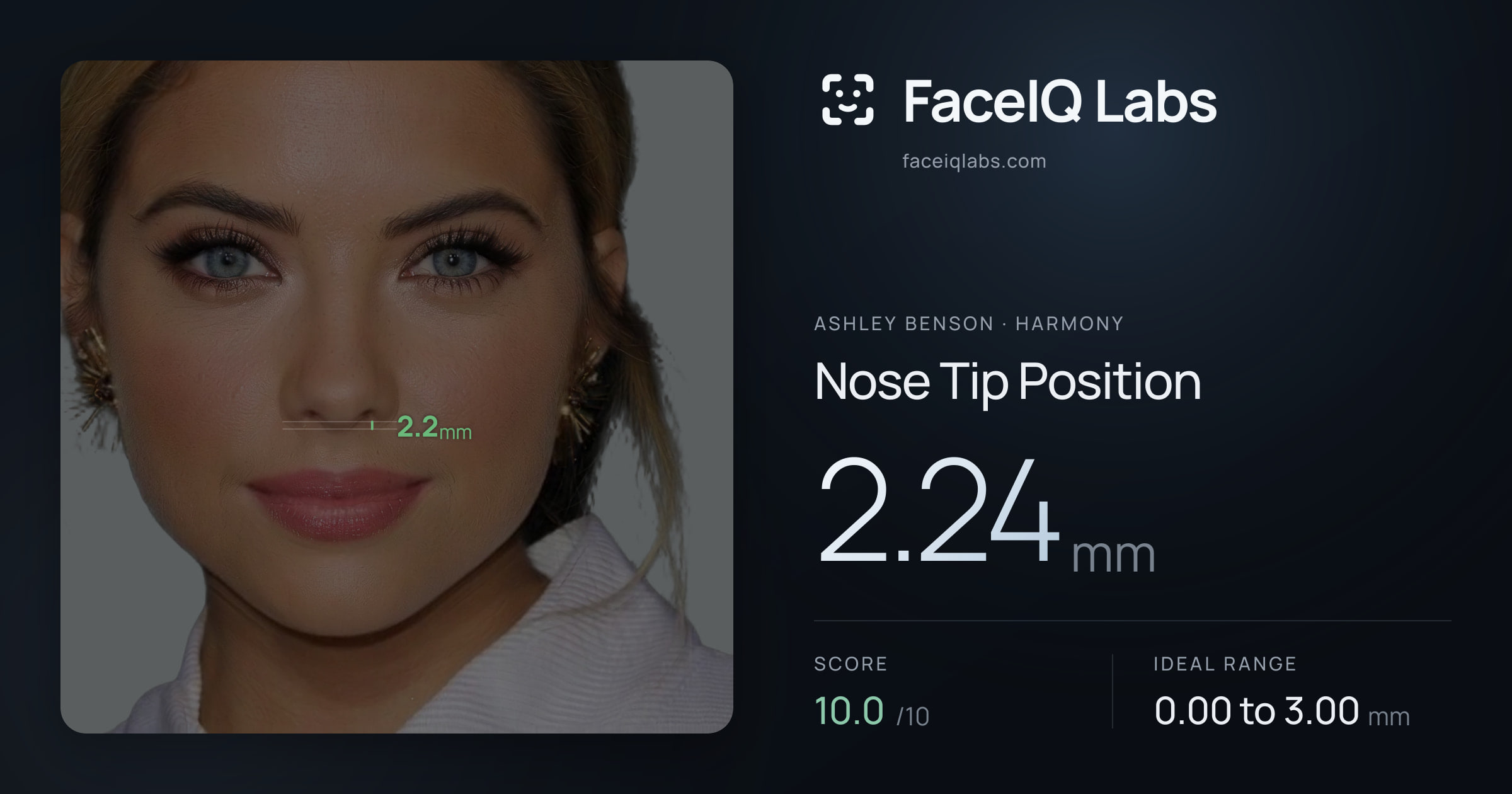 Ashley Benson Nose Tip Position: 2.24mm, drawn on the photo