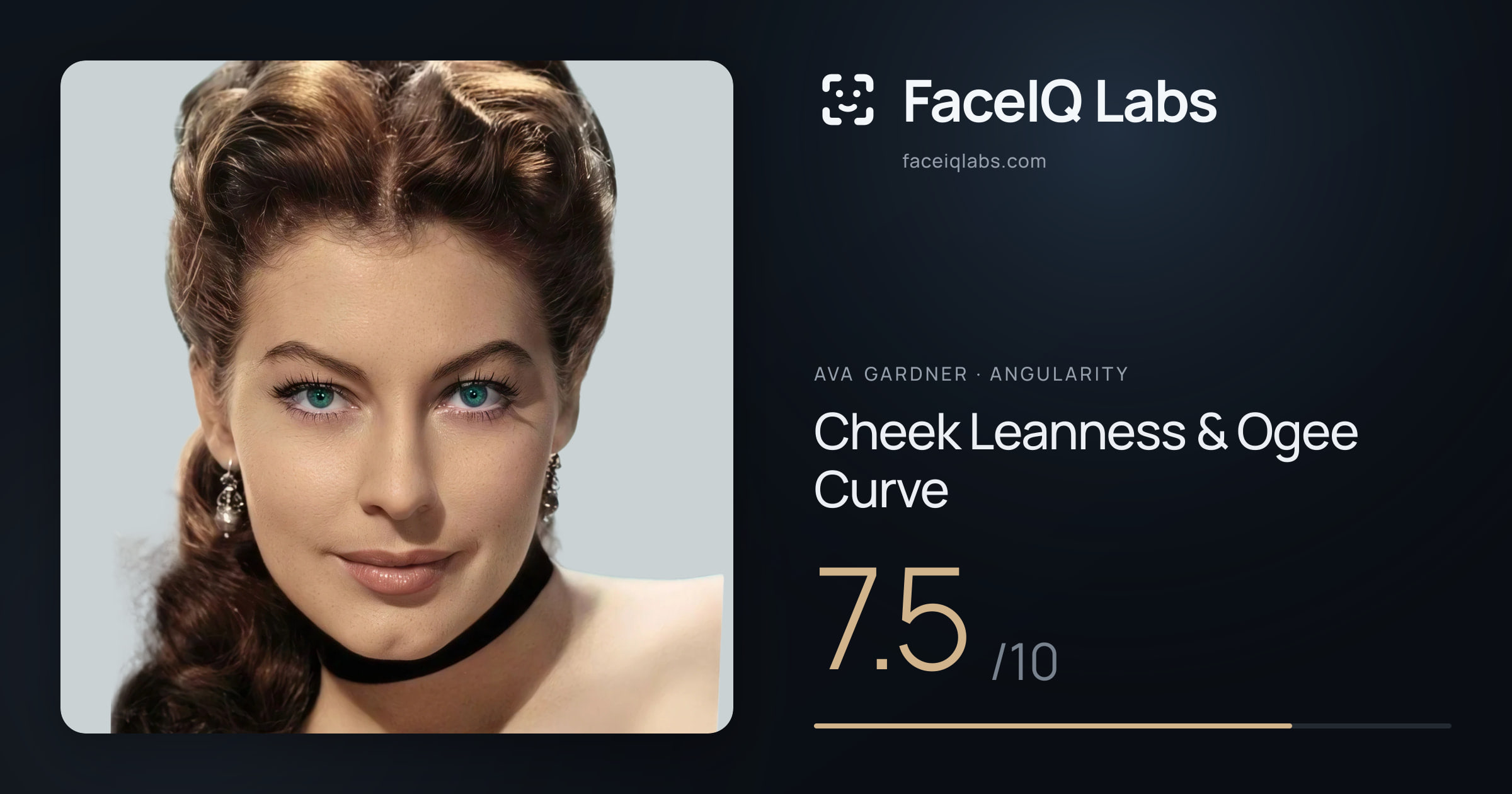 Ava Gardner Cheek Leanness & Ogee Curve: 7.5/10, drawn on the photo